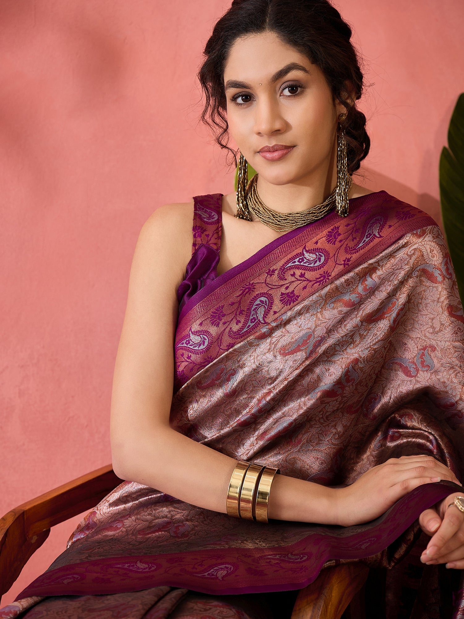 Woven Jacquard Designer Silk Blended Ethnic Partywear Ceremonial Wine Saree
