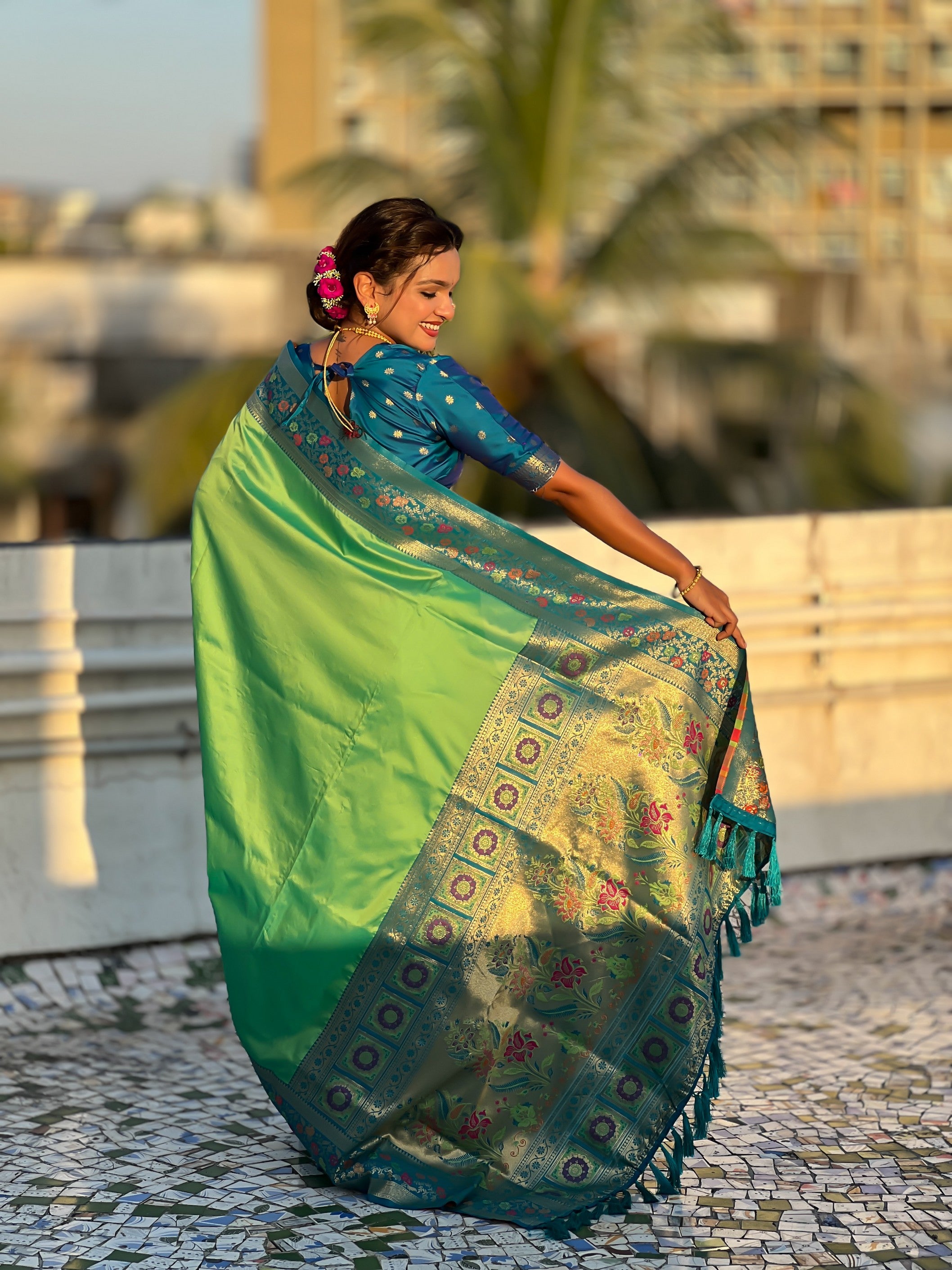 Woven Kadiyal Paithani Gala Designer Olive Soft Silk Ethnic Saree