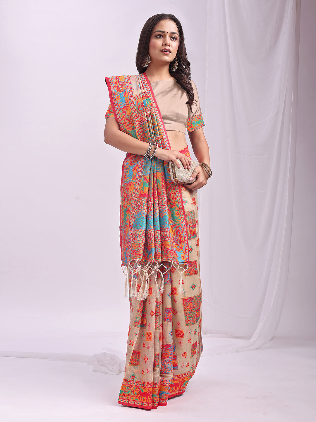 Woven Thread Designer Off White Linen Cotton Traditional Rich Looks Saree
