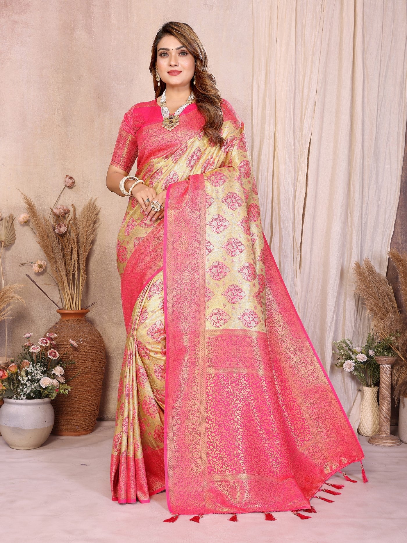 Yellow Banarasi Tissue Silk Saree With Traditional Weaving