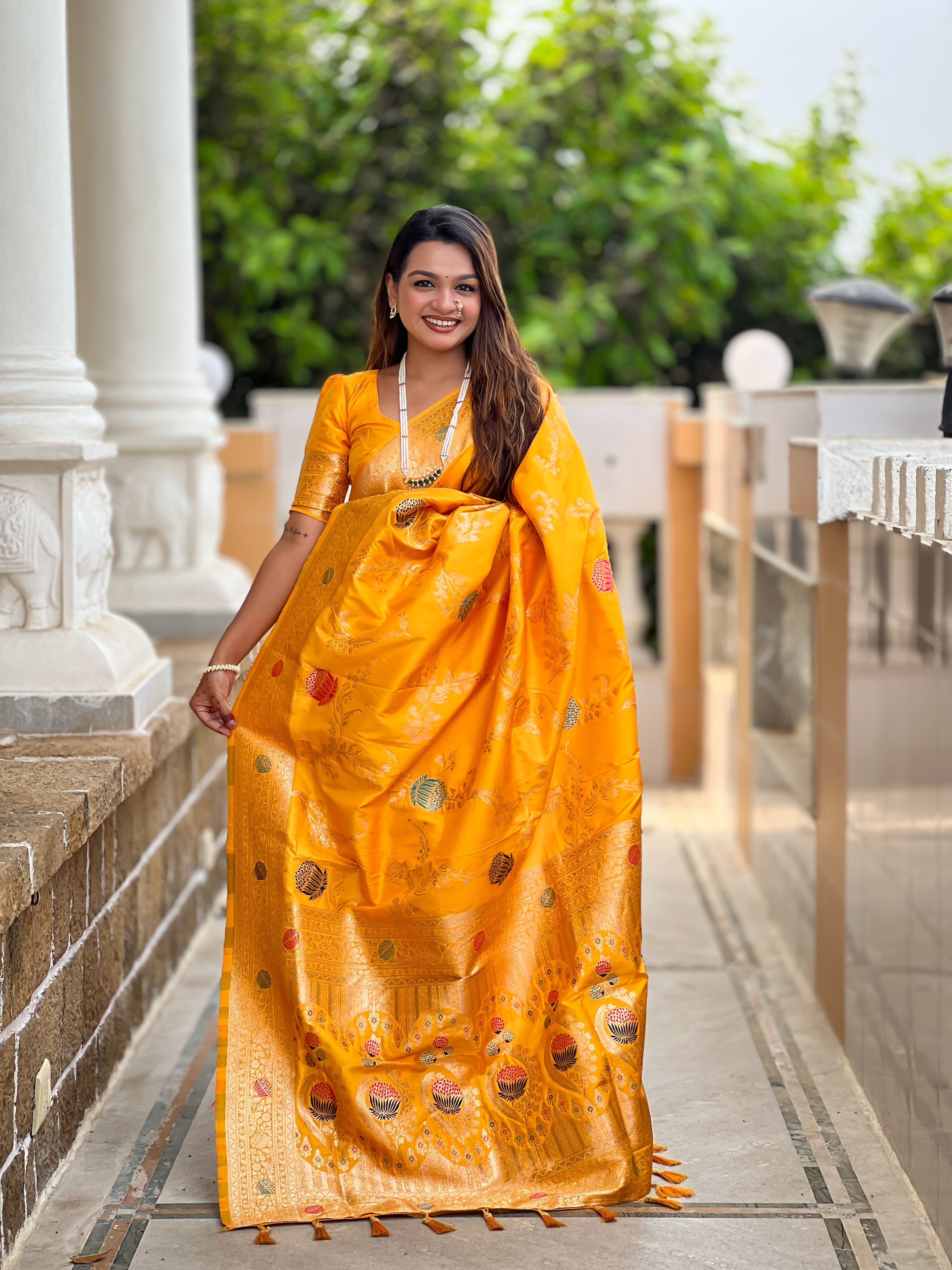 Yellow Beautiful Banarasi Silk Woven Meenakari Designer Graceful Ethnic Saree