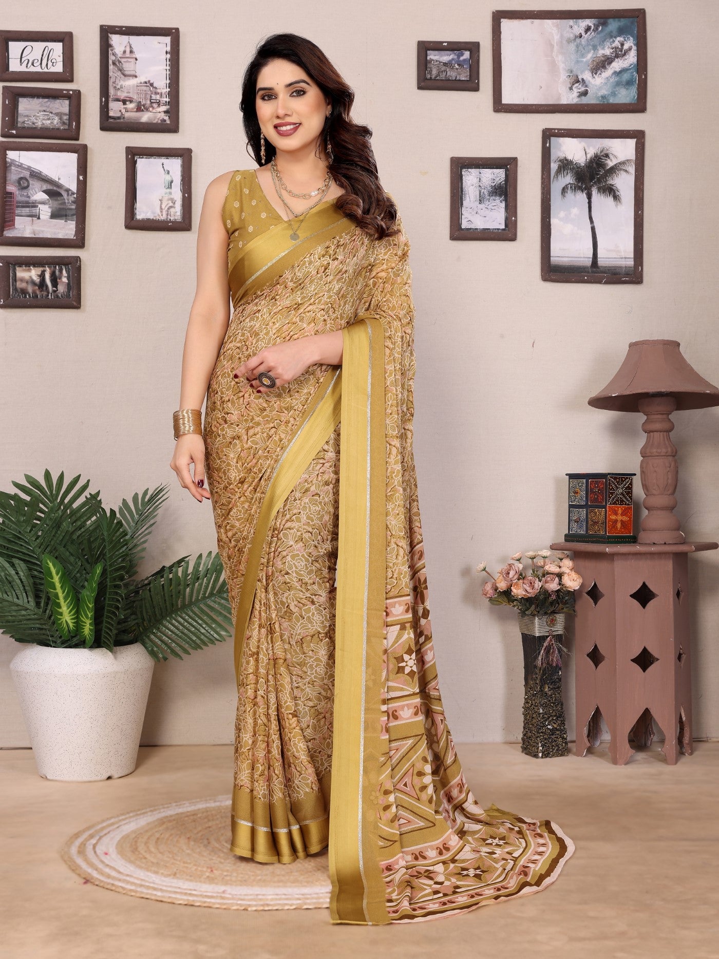 Yellow Bright Moss Printed Saree With Zari Work
