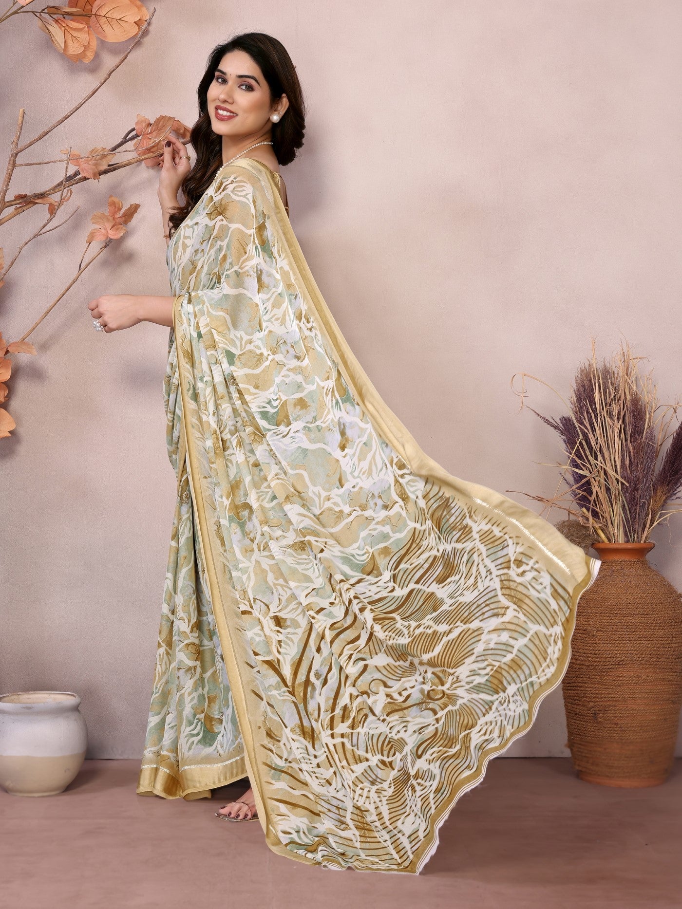 Yellow Bright Moss Satin Patta Saree With Printed