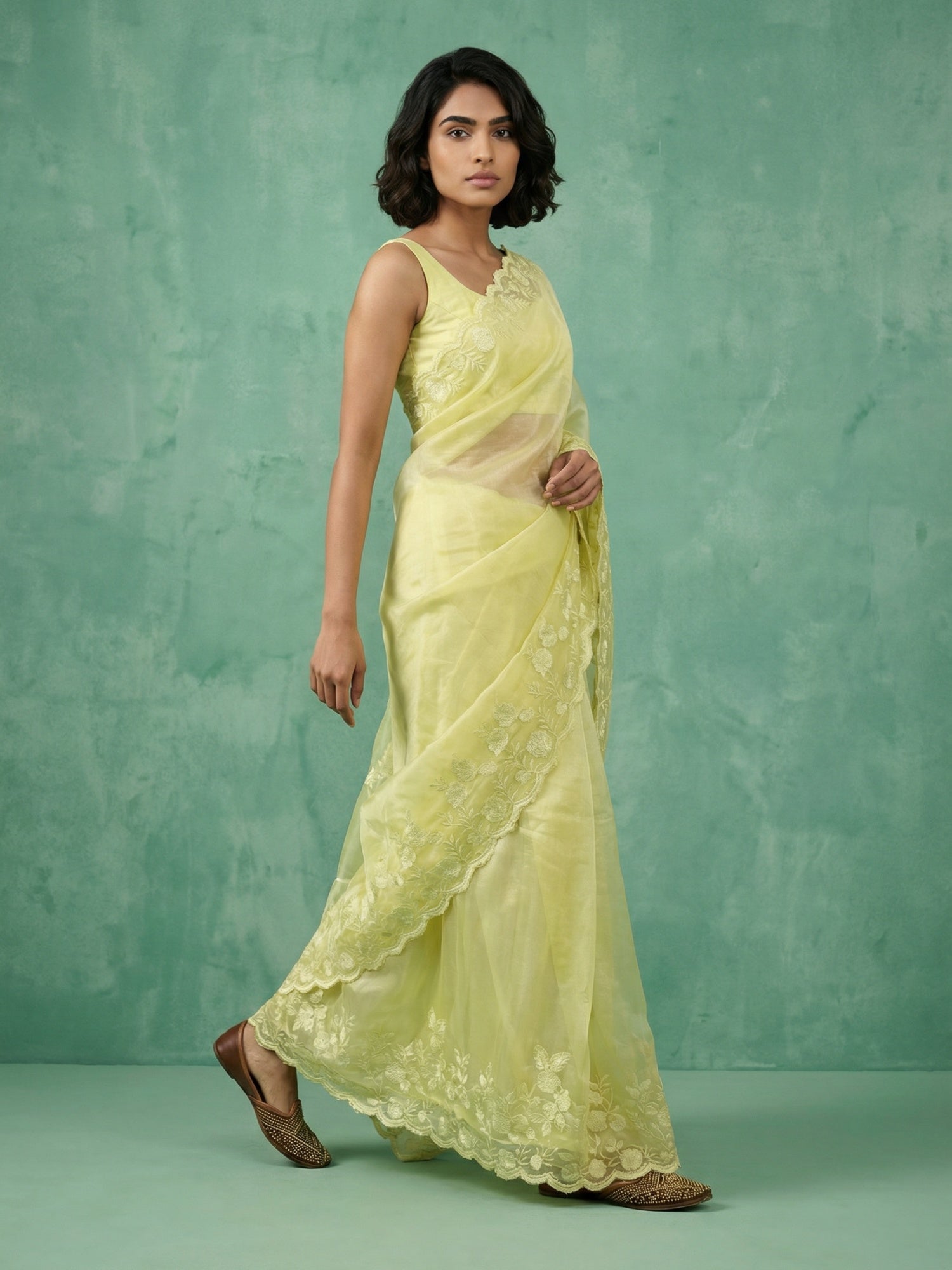 Yellow Chanda Silk Saree with Artistic Flower Embroidery Work