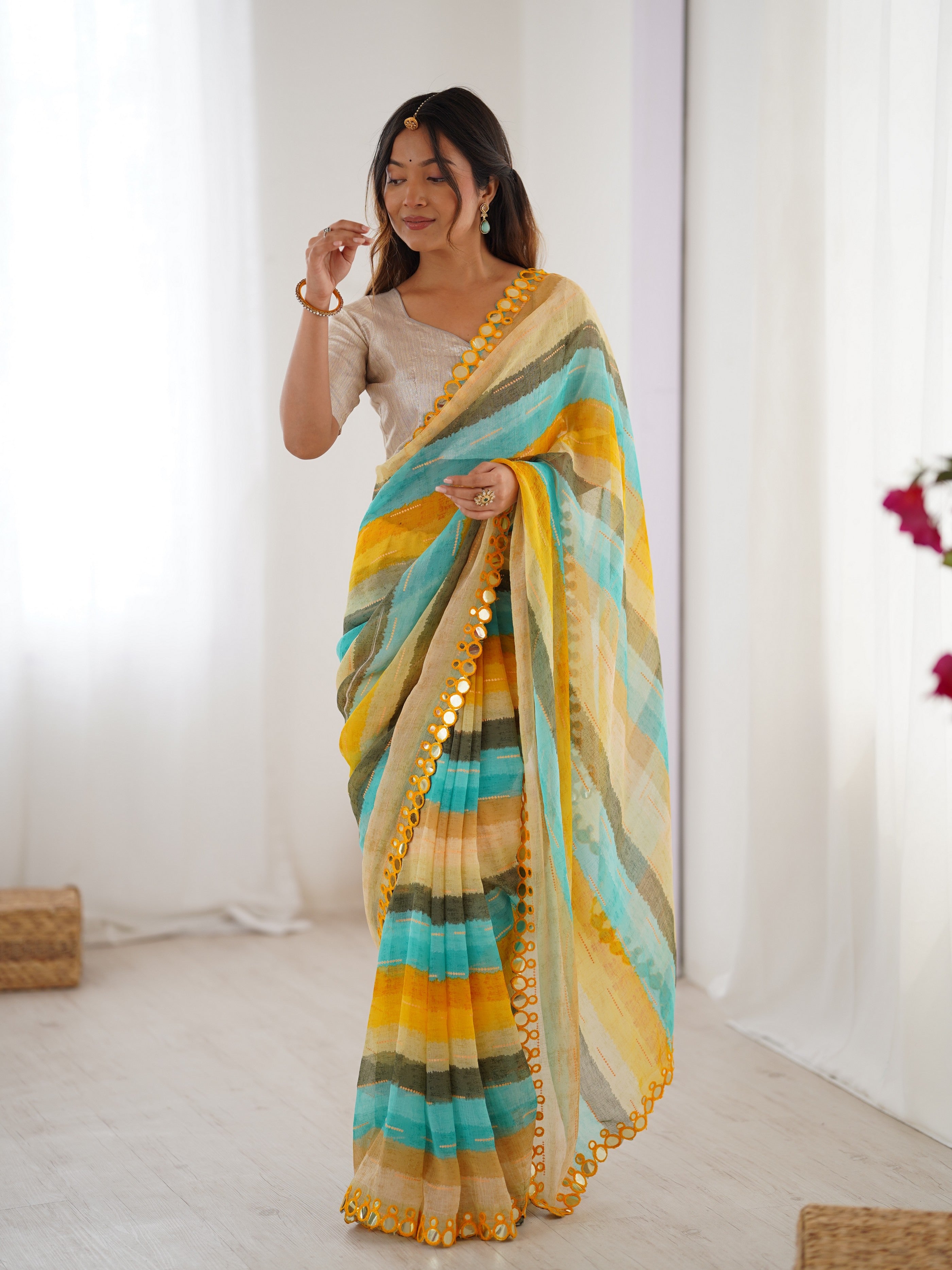 Yellow Chiffon Designer Laheriya Printed Saree With Mirror Cut Work