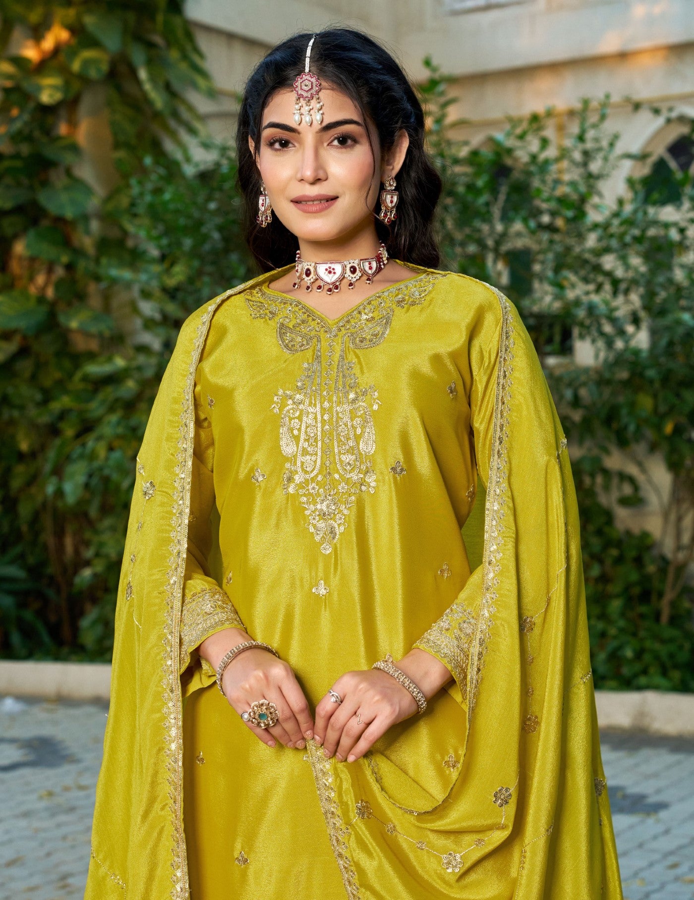 Yellow Chinon Designer Suit Set With Elegant Embroidery