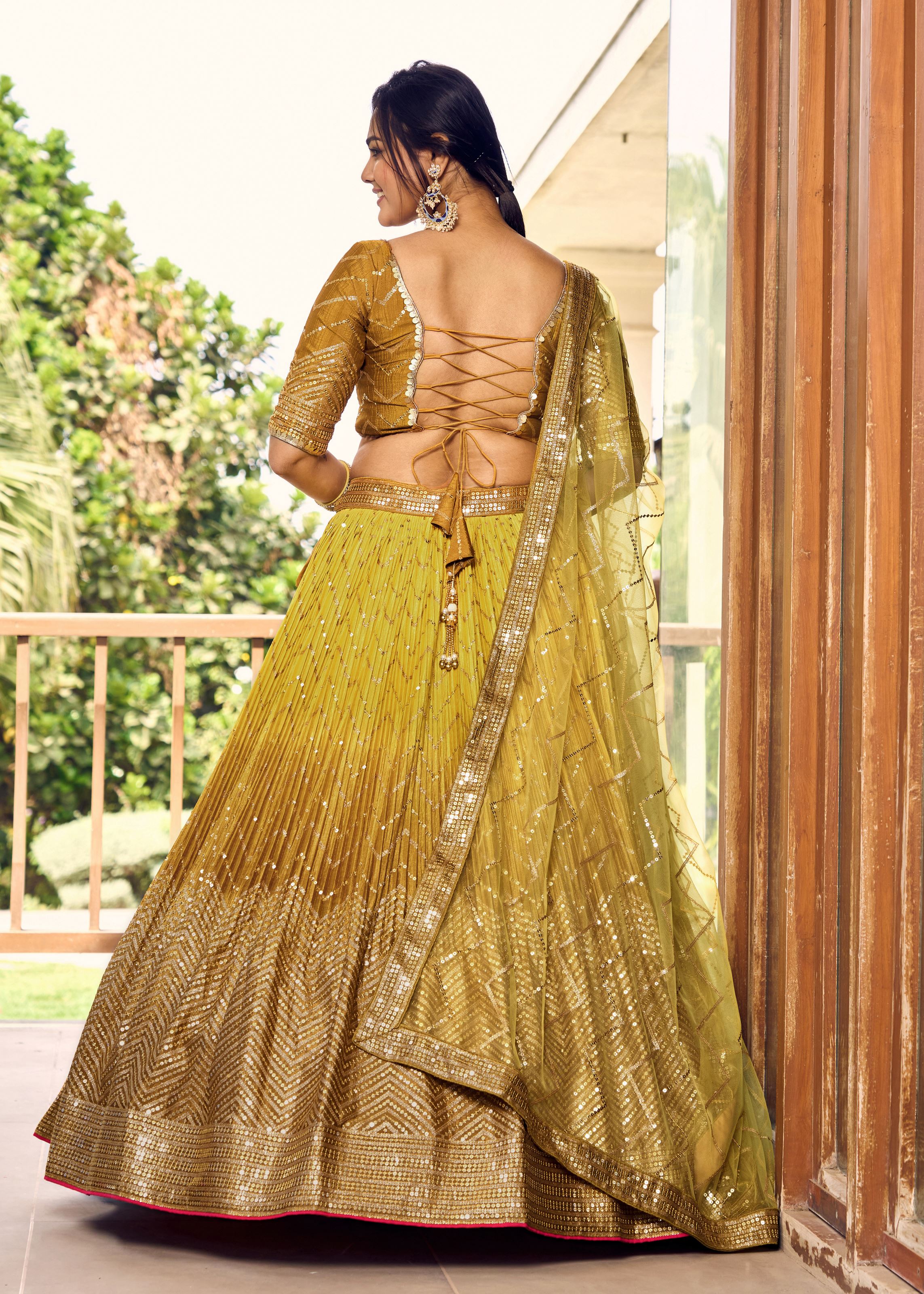 Yellow Chinon Lehenga Choli With Sequins, Thread Embroidery Work
