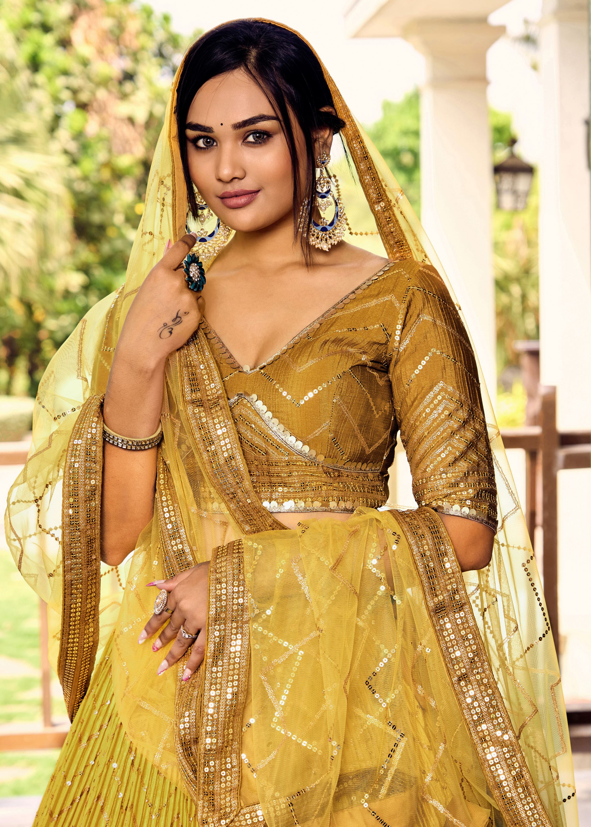 Yellow Chinon Lehenga Choli With Sequins, Thread Embroidery Work