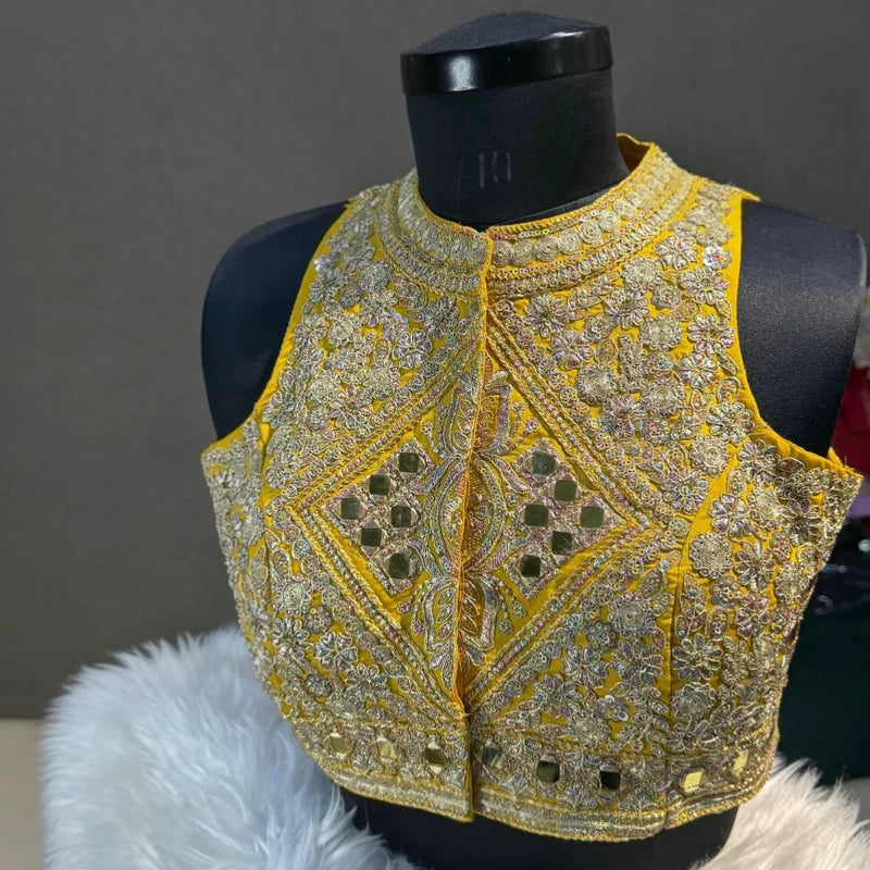 Yellow Designer Roman Silk Halter Neck Blouse with Real Mirror Work