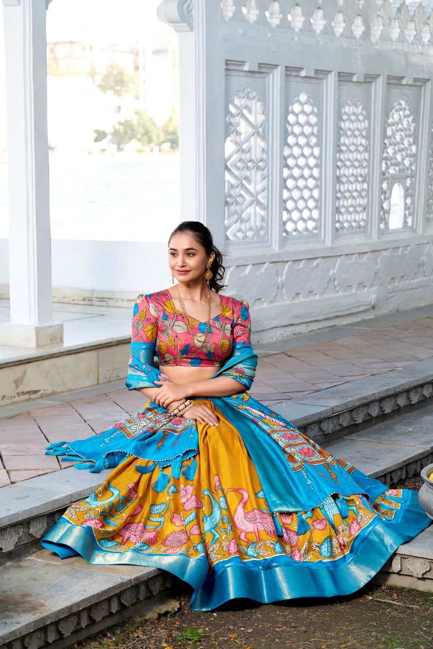 Yellow Dola Silk Lehenga with Kalamkari Print and Rich Zari Woven Border