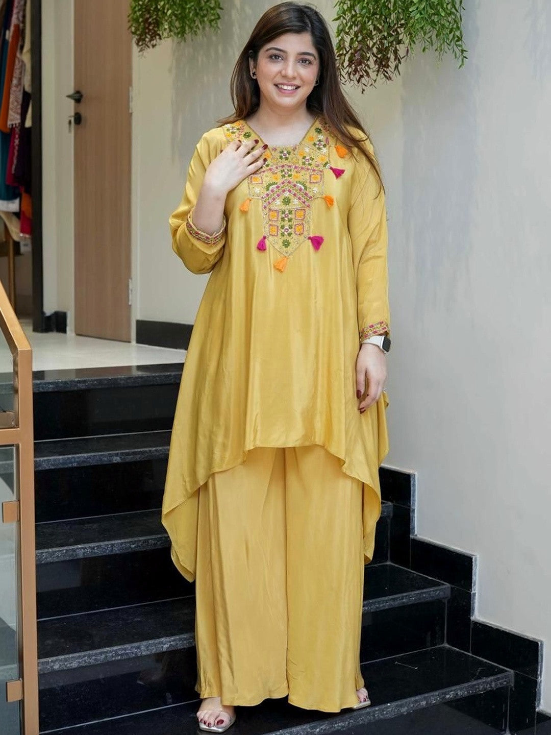 Yellow French Crepe Co-Ord Set With Heavy Thread Embroidery Work