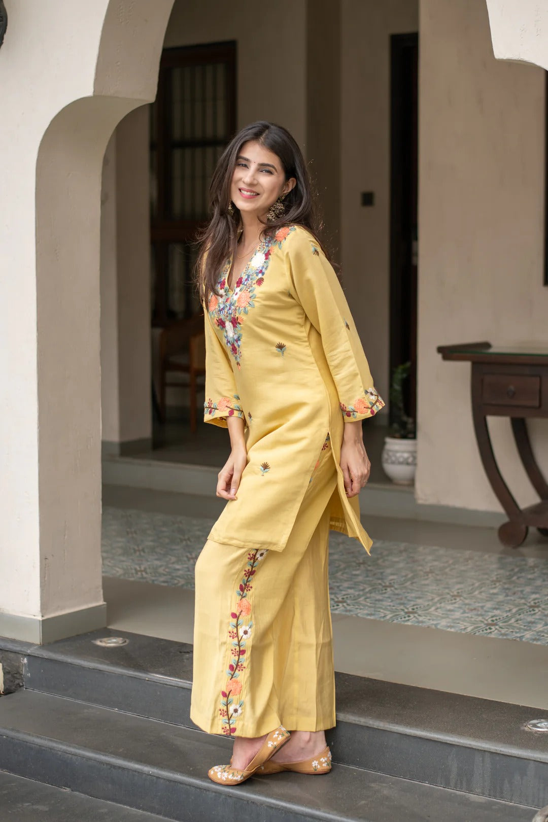 Yellow French Crepe Kurta Pant Set With Heavy Thread Embroidery Work