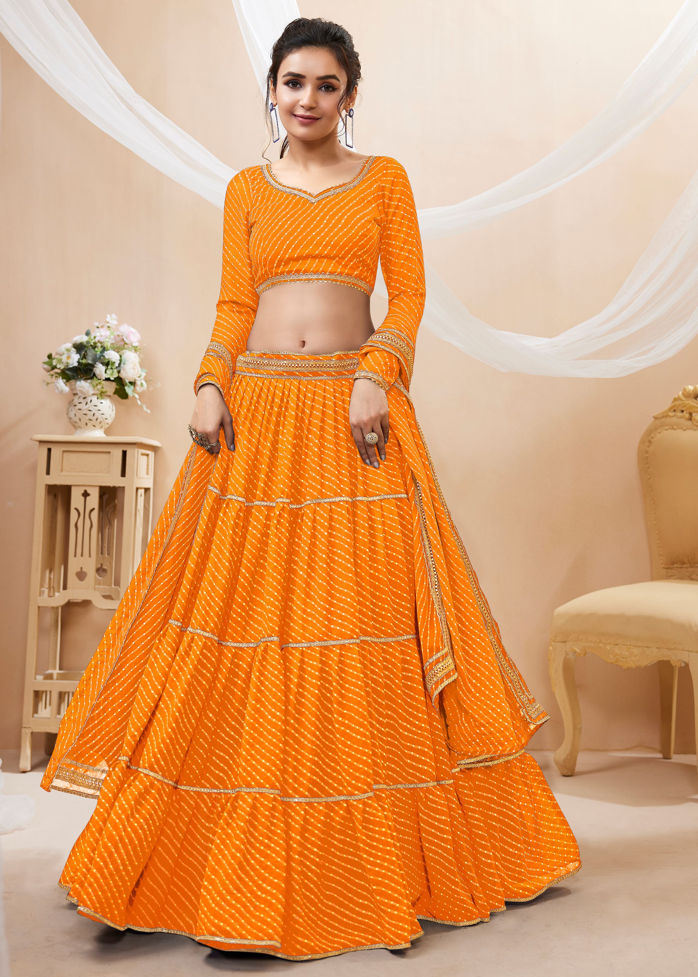 Yellow Georgette Lehenga Choli With Georgette Leheriya Printed with lace all over work