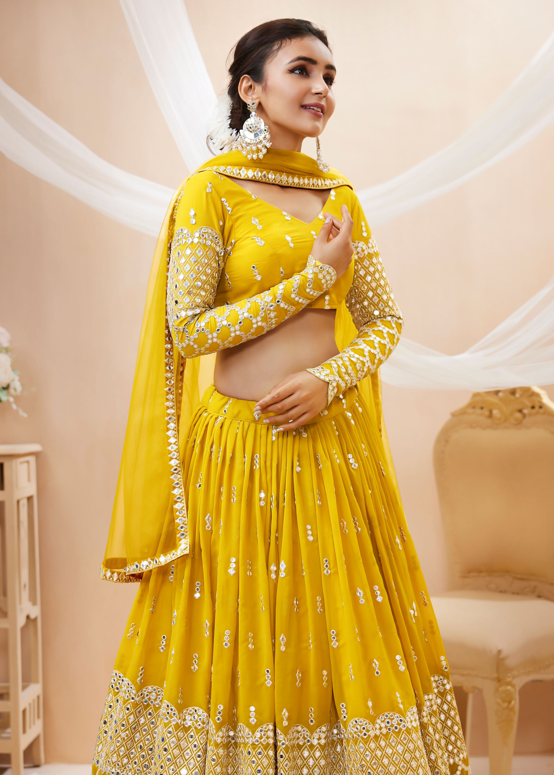 Yellow Georgette Lehenga Choli With Sequins Zari Embroidered Work
