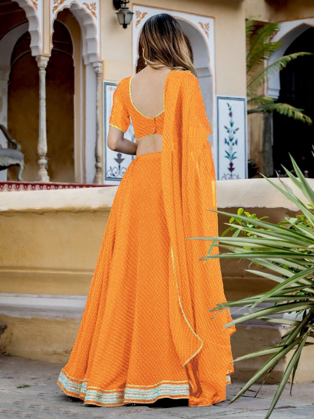 Yellow Georgette Lehenga Choli With Zari,Cording Lace work and Leheriya Print