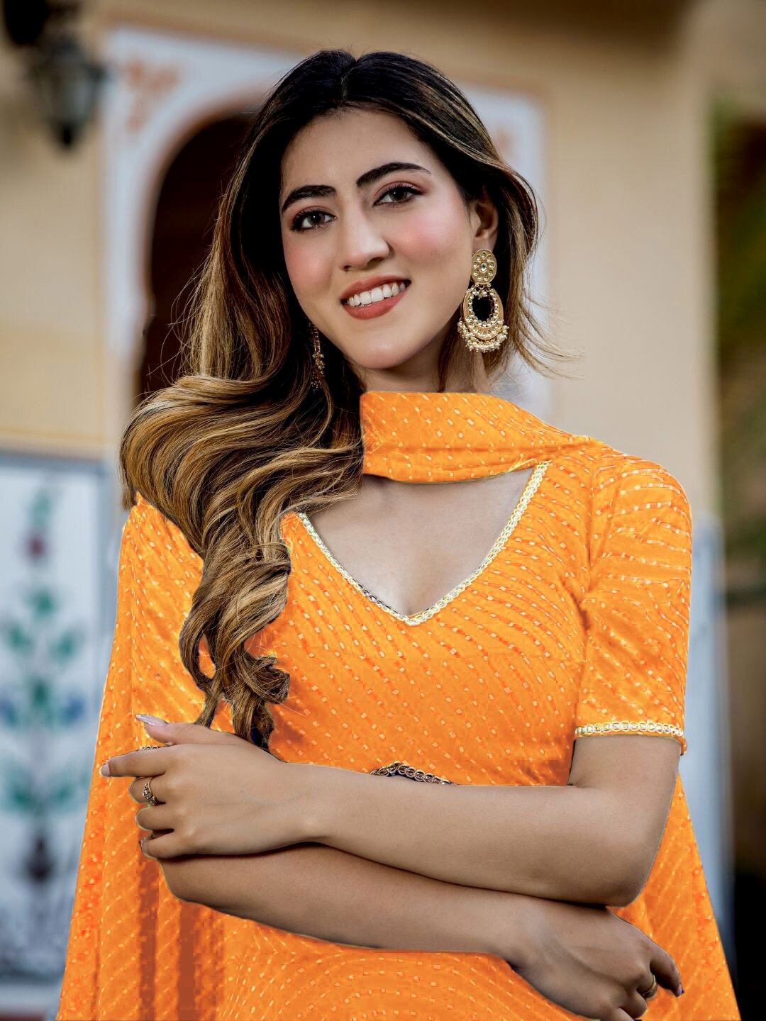 Yellow Georgette Lehenga Choli With Zari,Cording Lace work and Leheriya Print