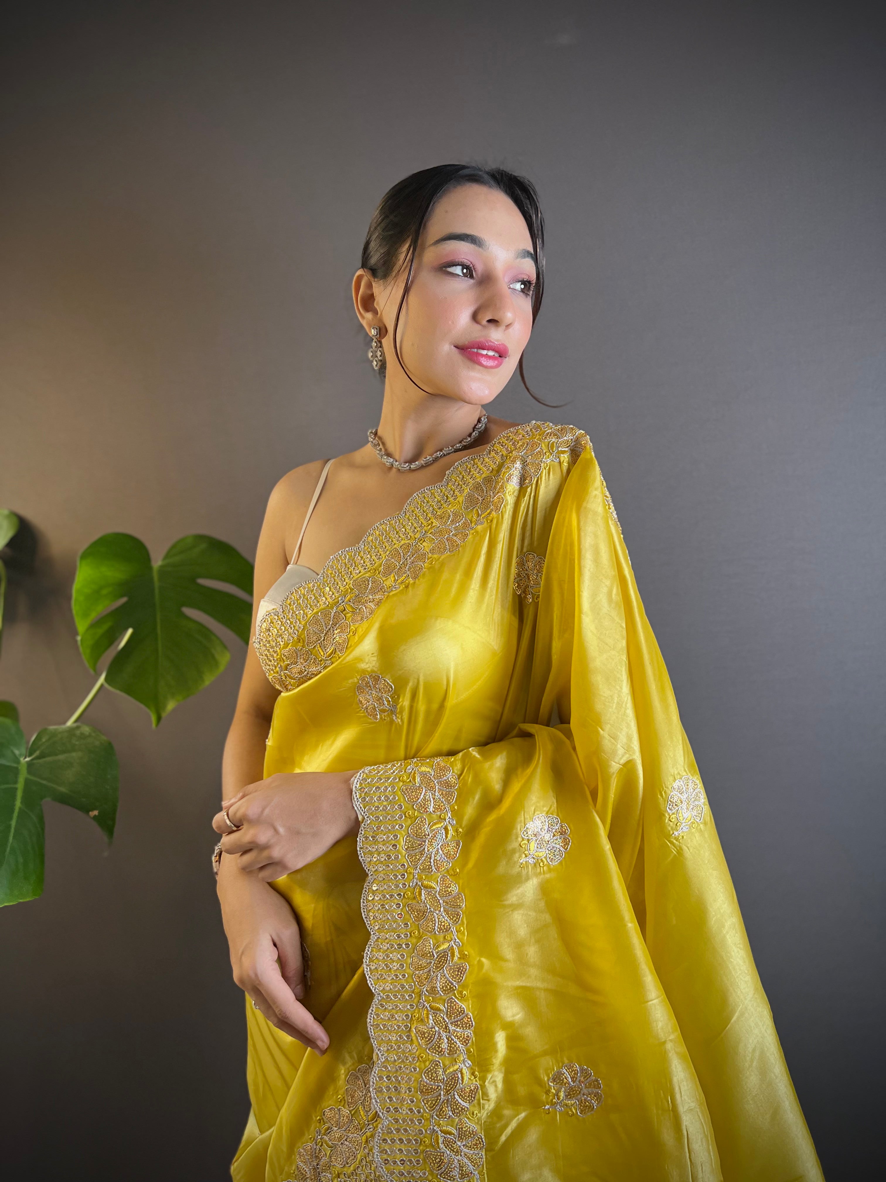 Yellow Gold Crunchy Saree With Sequins Embroidery And Cut Work