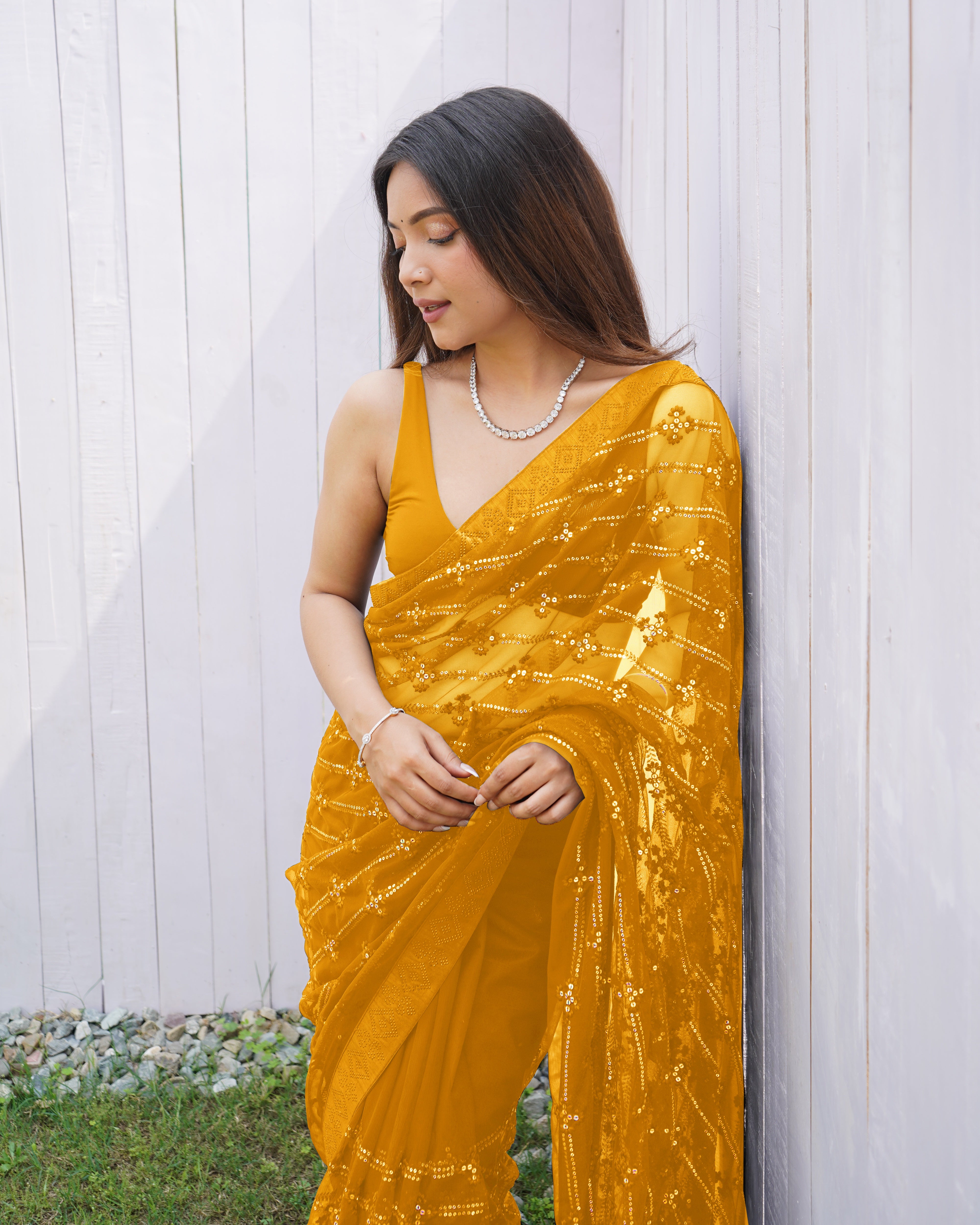 Yellow Graceful Butterfly Net Sequins Embroidery Saree With Diamond Work