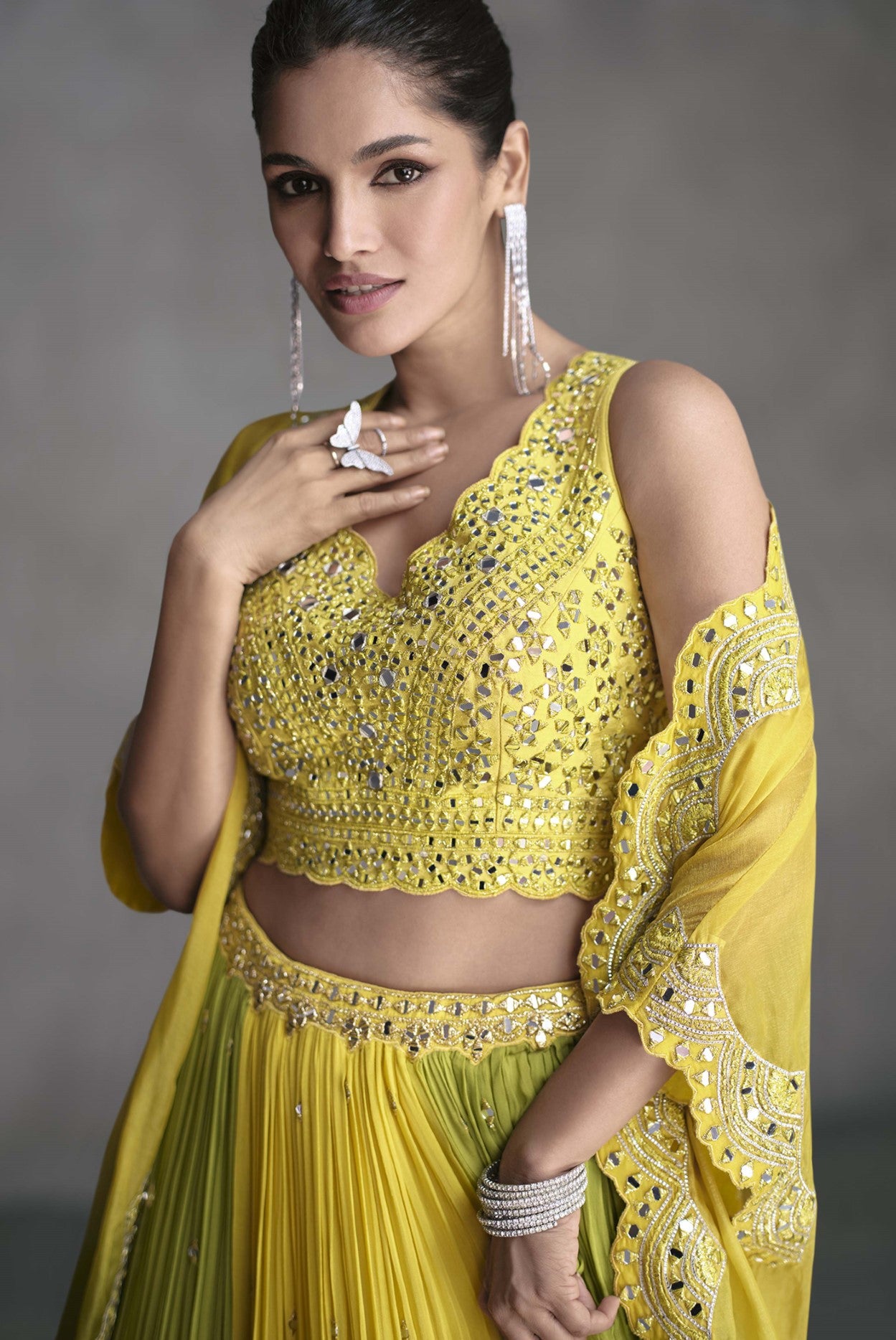 Yellow Green Georgette Lehenga Choli With Mirror Work Jacket