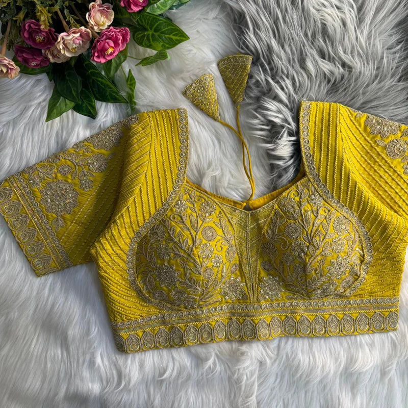 Yellow Heavy Bridal Madhubala Style Italian Silk Blouse with Embroidery & Sequins Work