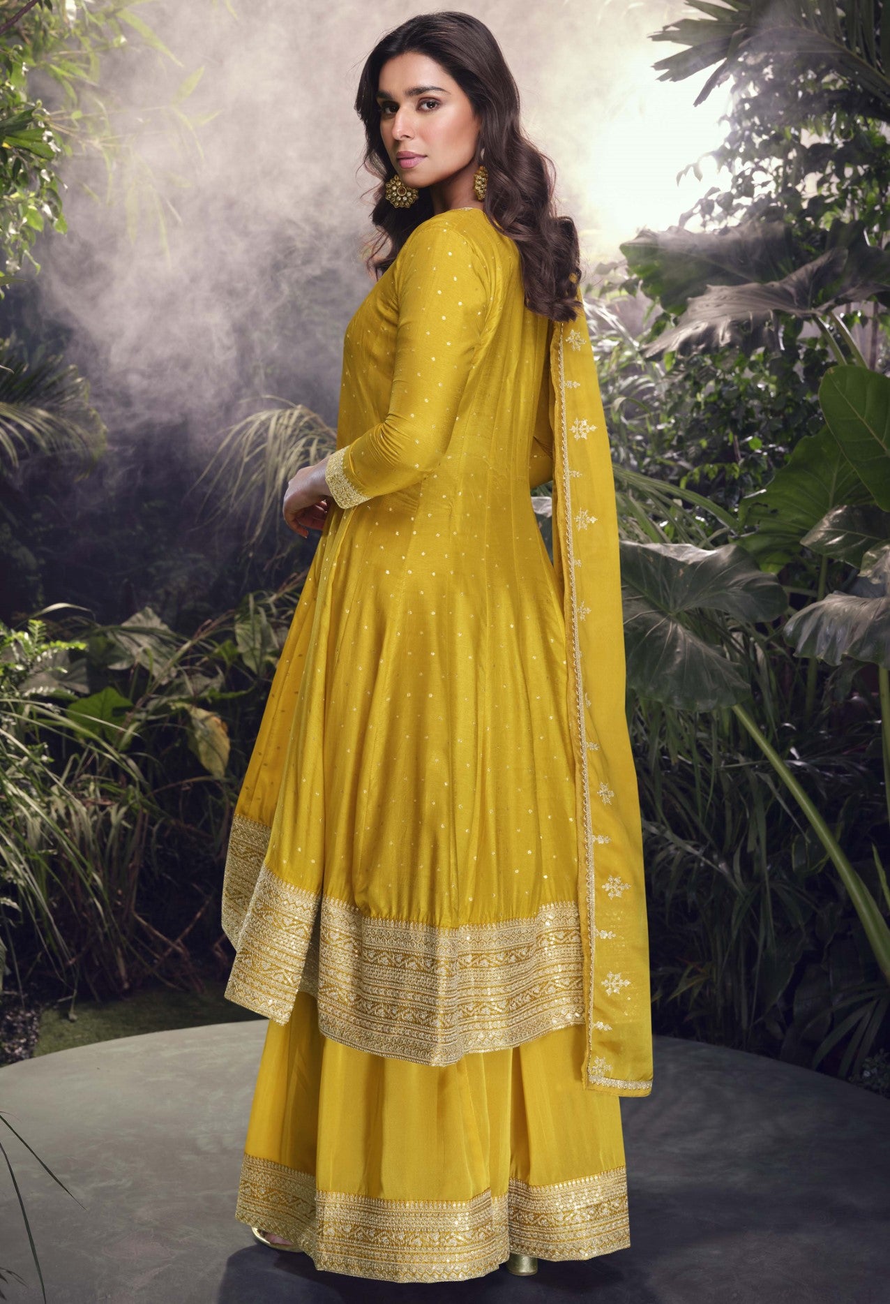 Yellow Jacquard Silk Palazzo Suit With Sequin Embroidery