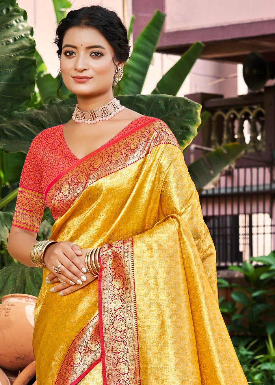 Yellow Kanjivaram Silk Saree With Sophisticated Touch and Subtle Elegance