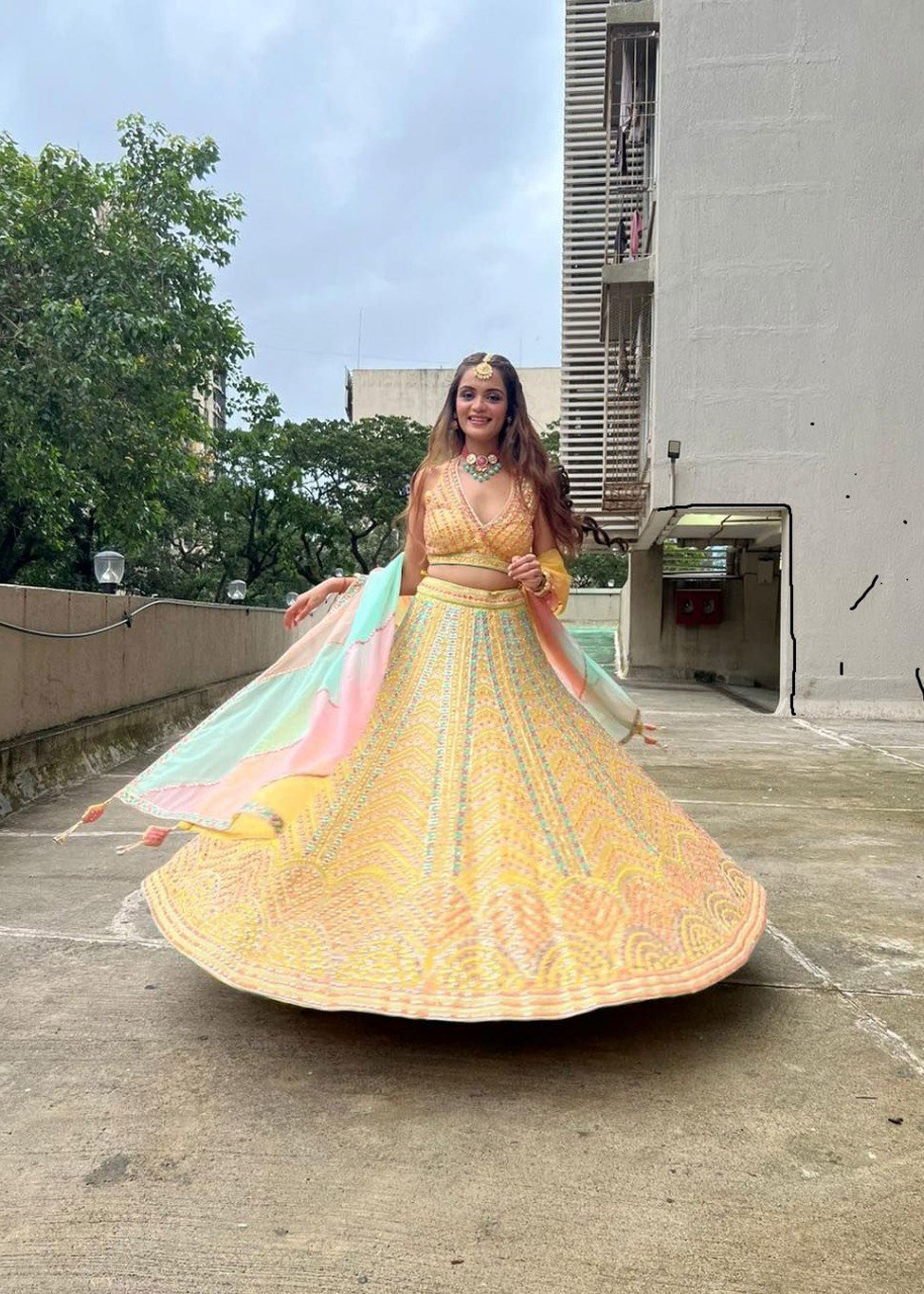 Yellow Lehenga Choli With Sequins With Multi Color Thread And Zari Embroidery Work