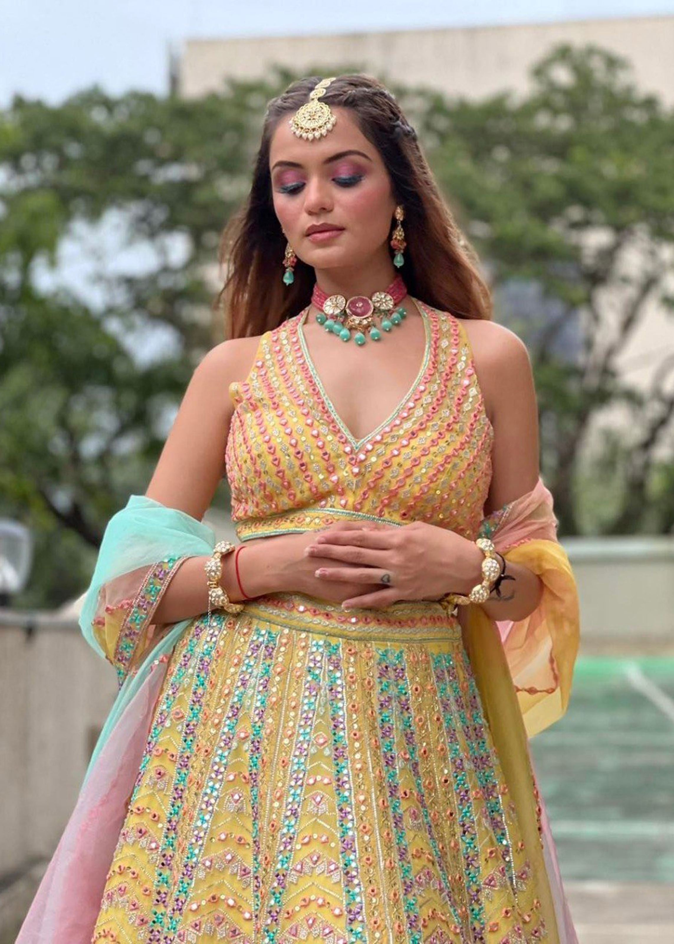 Yellow Lehenga Choli With Sequins With Multi Color Thread And Zari Embroidery Work