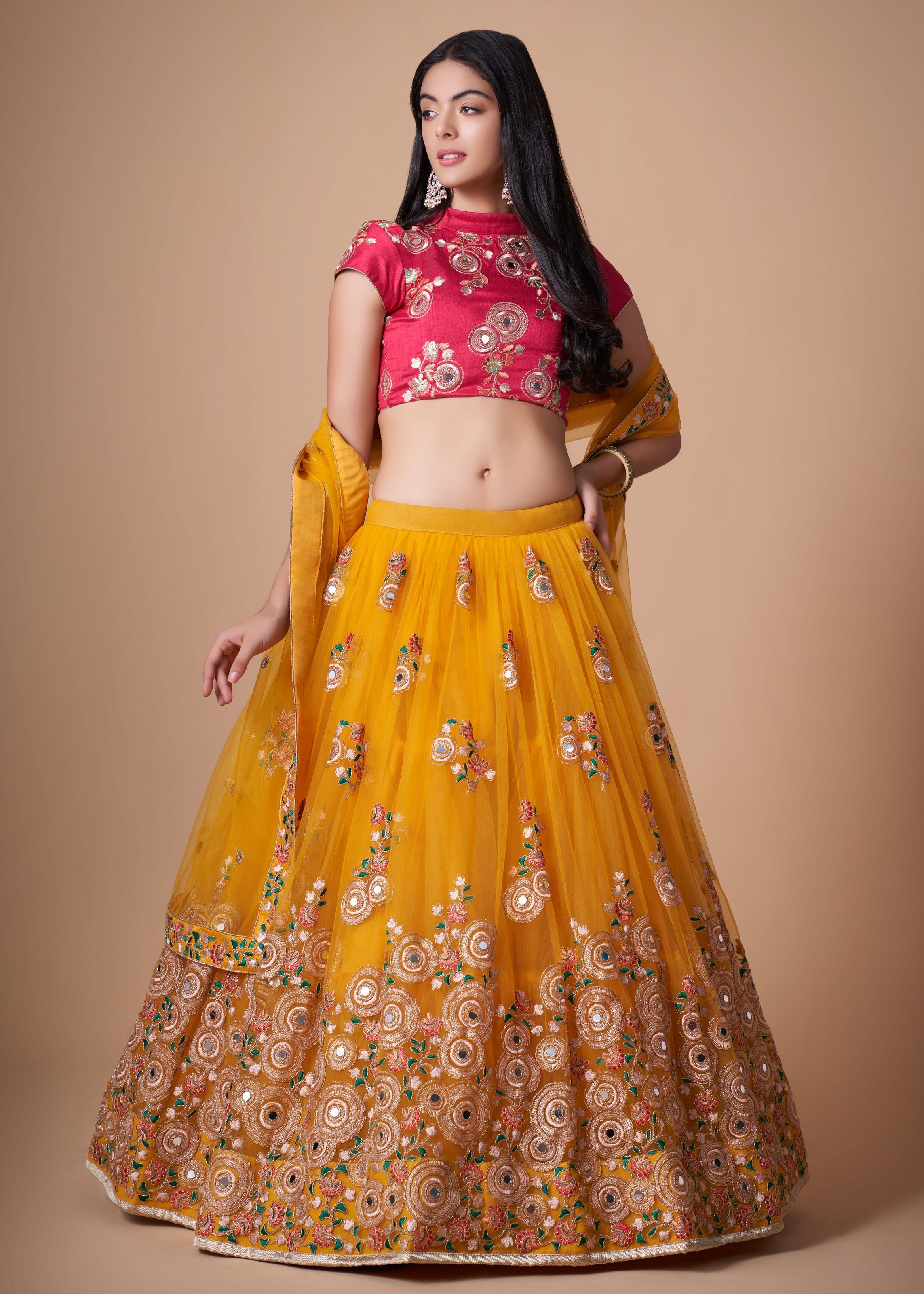 Yellow Lehenga Choli With Thread, Zari, Dori And Sequins Embroidery With Mirror Work