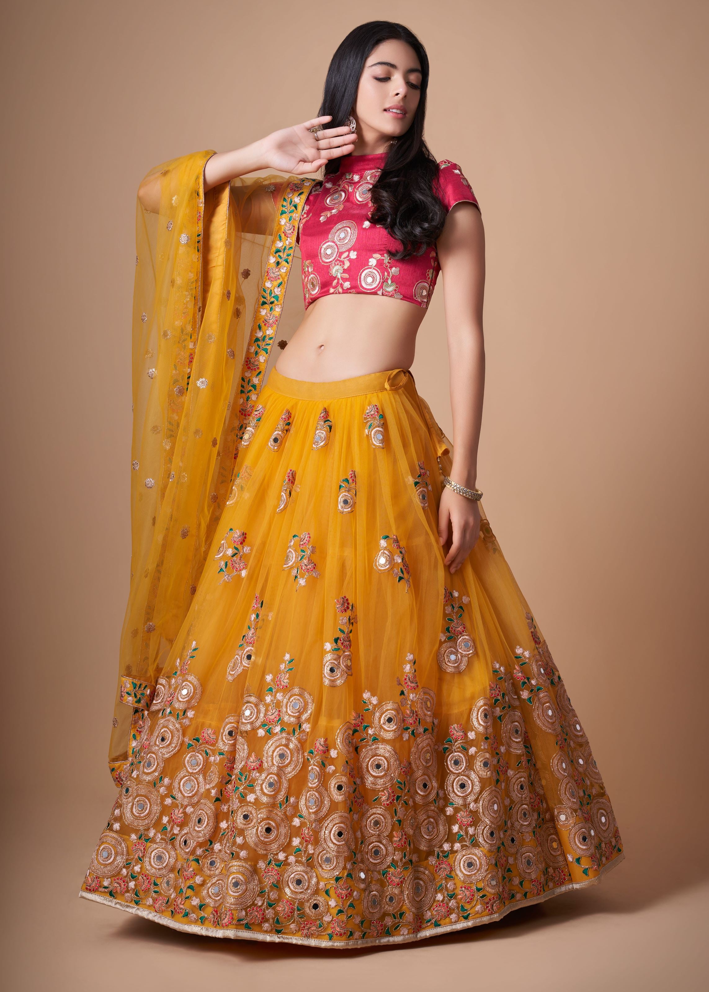 Yellow Lehenga Choli With Thread, Zari, Dori And Sequins Embroidery With Mirror Work