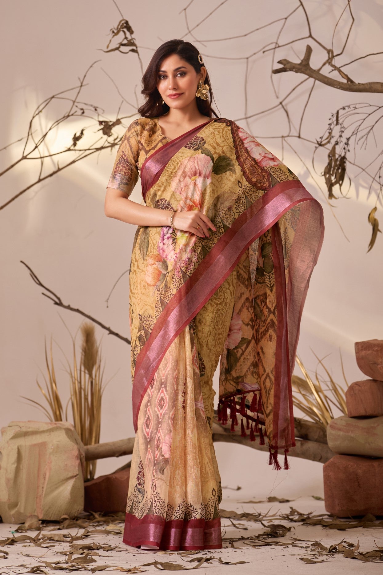 Yellow Linen Cotton Saree with Digital Print