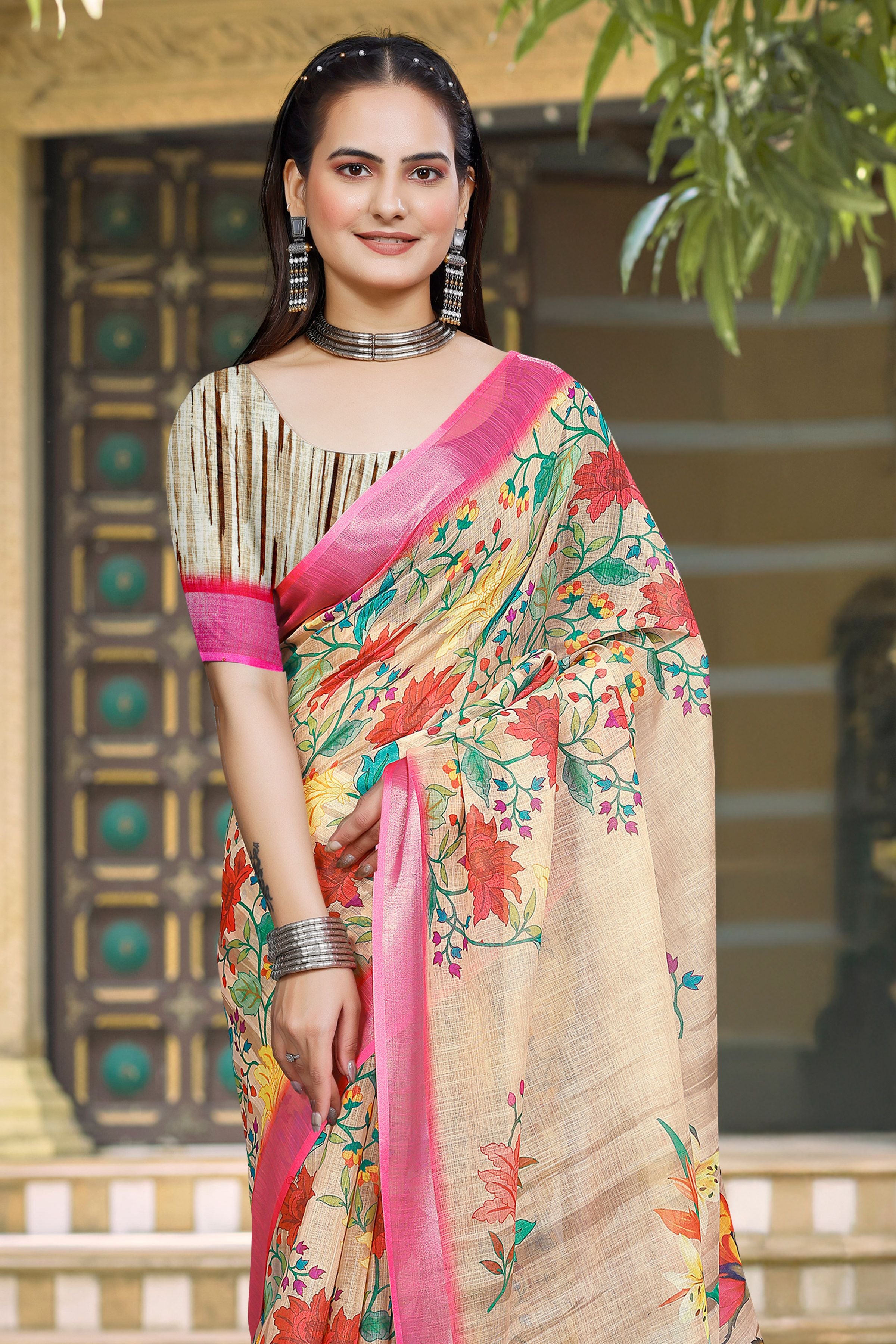 Yellow Linen Cotton Woven Border Designer Printed Saree