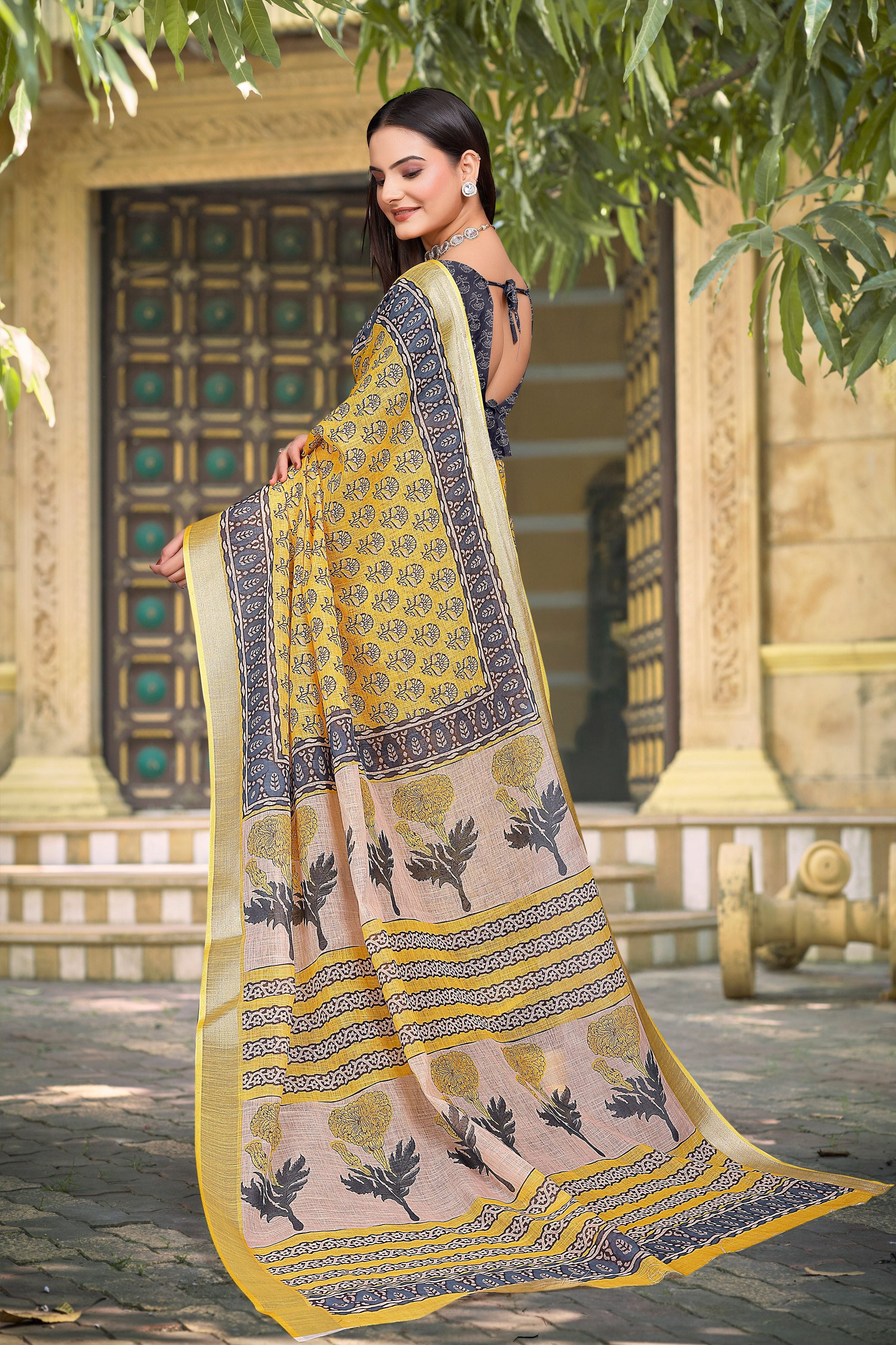 Yellow Linen Cotton Woven Border Designer Printed Saree