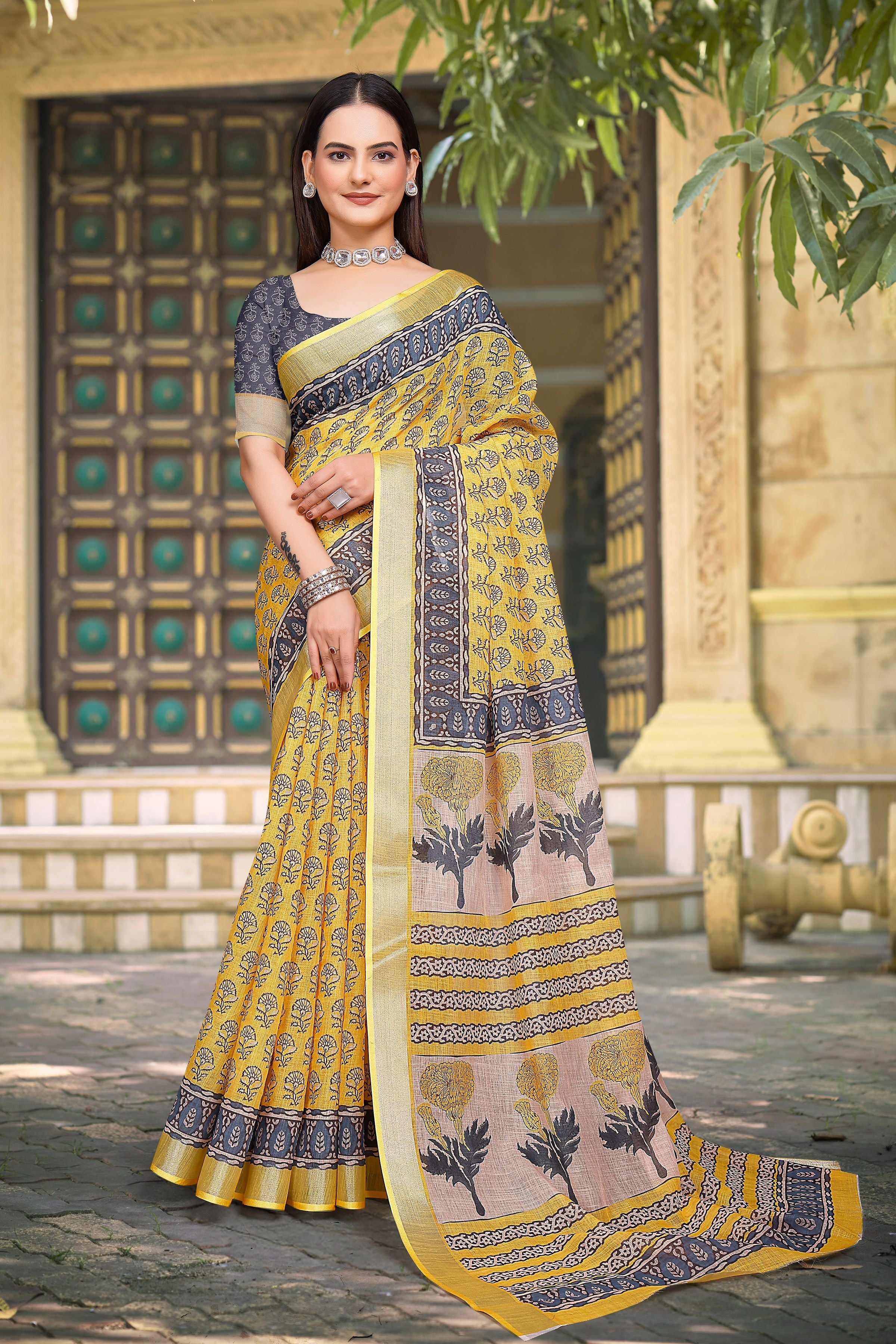 Yellow Linen Cotton Woven Border Designer Printed Saree