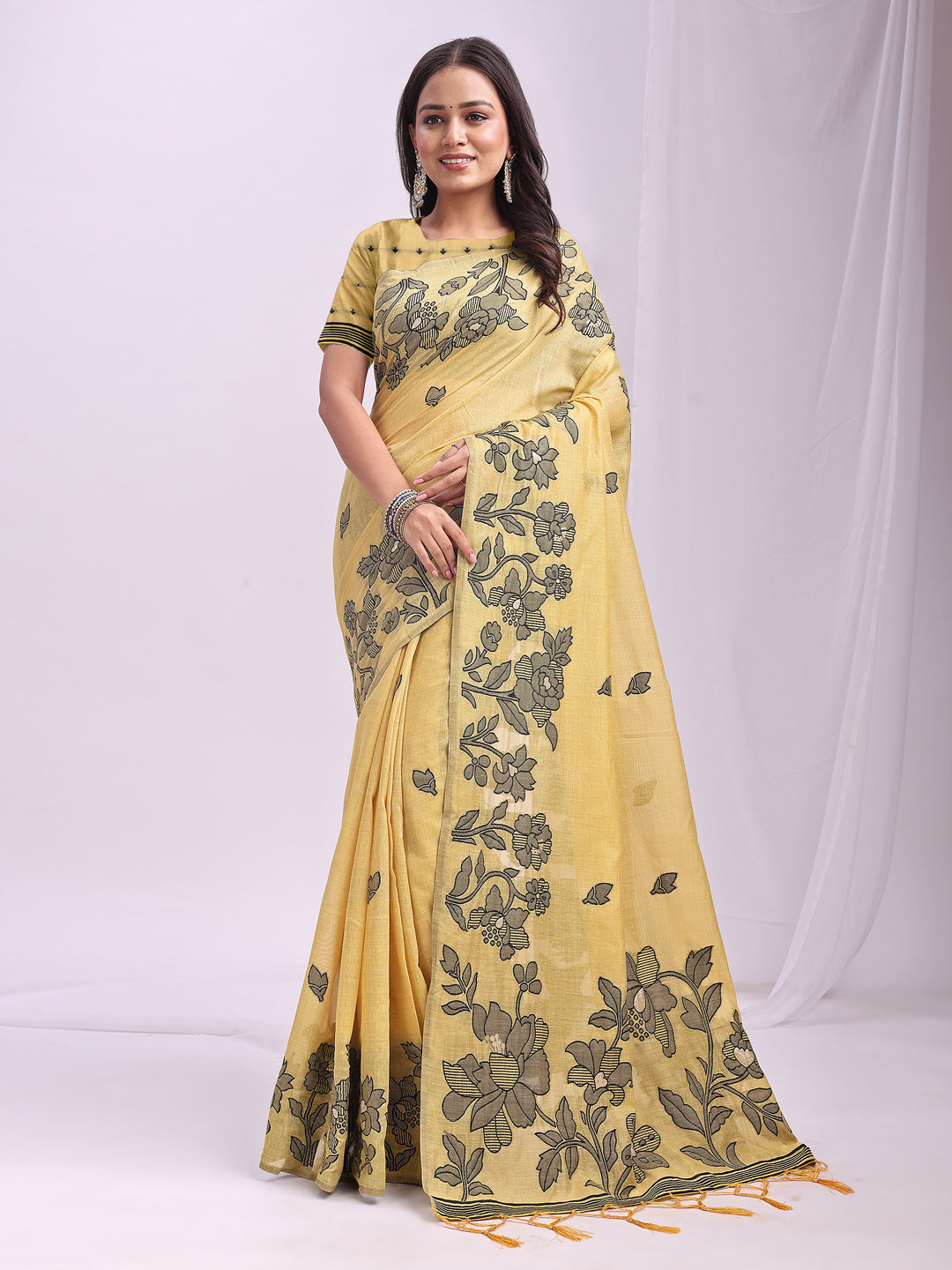 Yellow Linen Cotton Woven Thread Designer Festive Sophisticated Saree