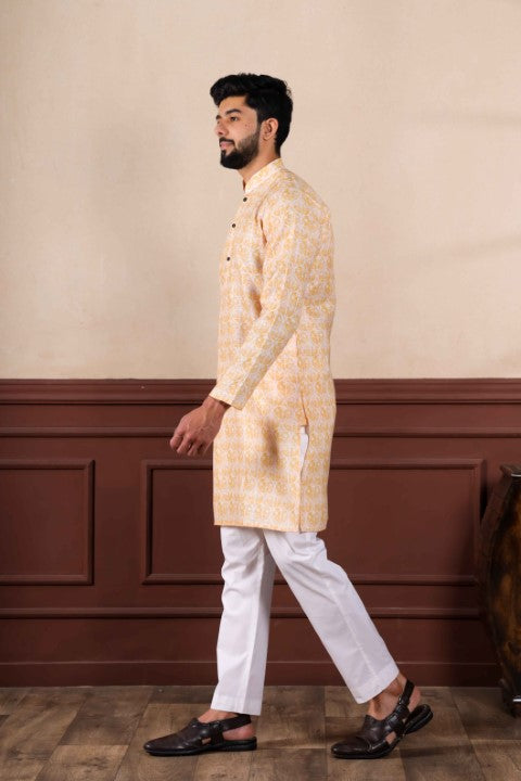 Yellow Linen Digital Printed Graceful Kurta Pajama
