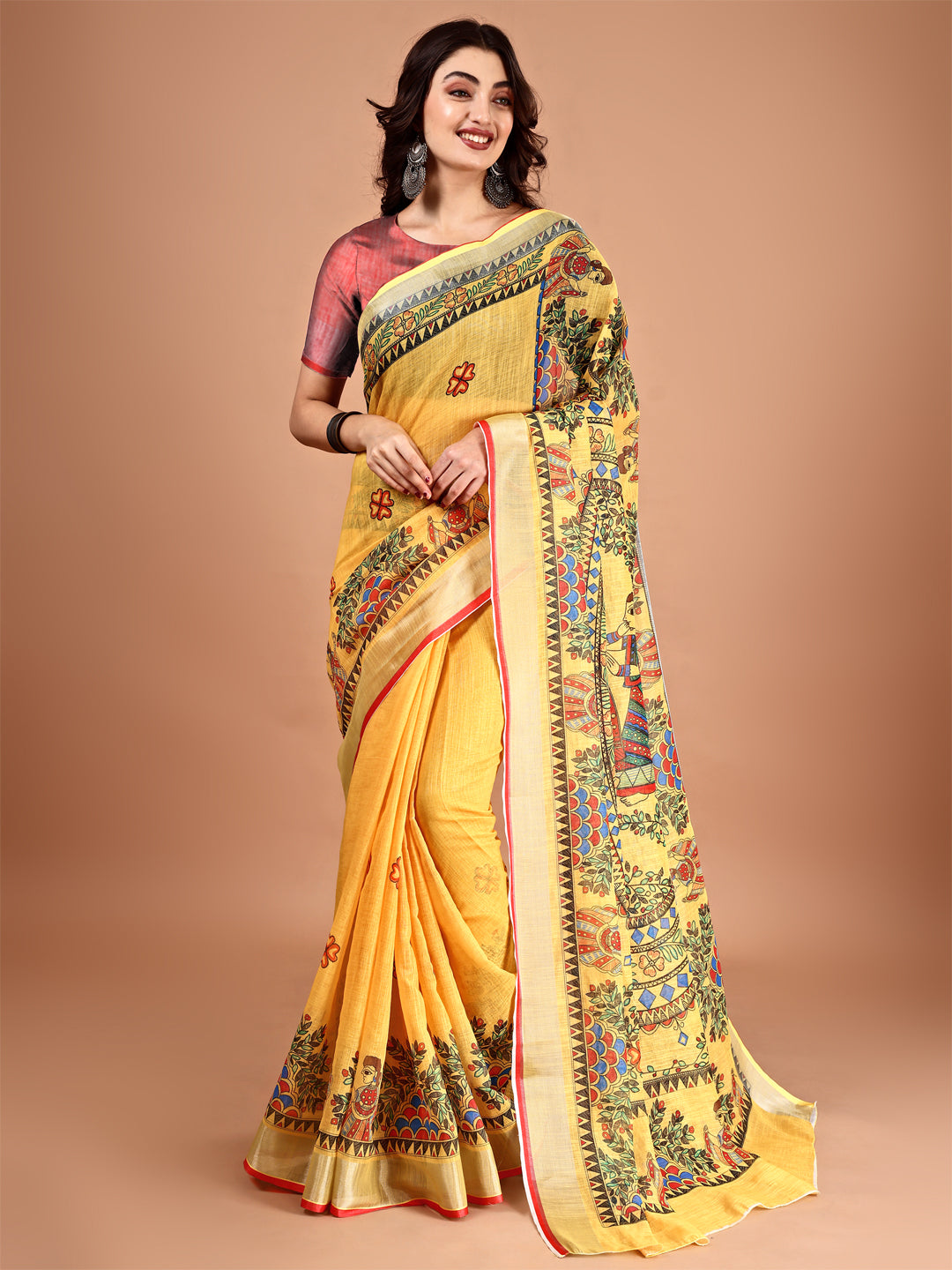 Yellow Linen Premium Printed Saree
