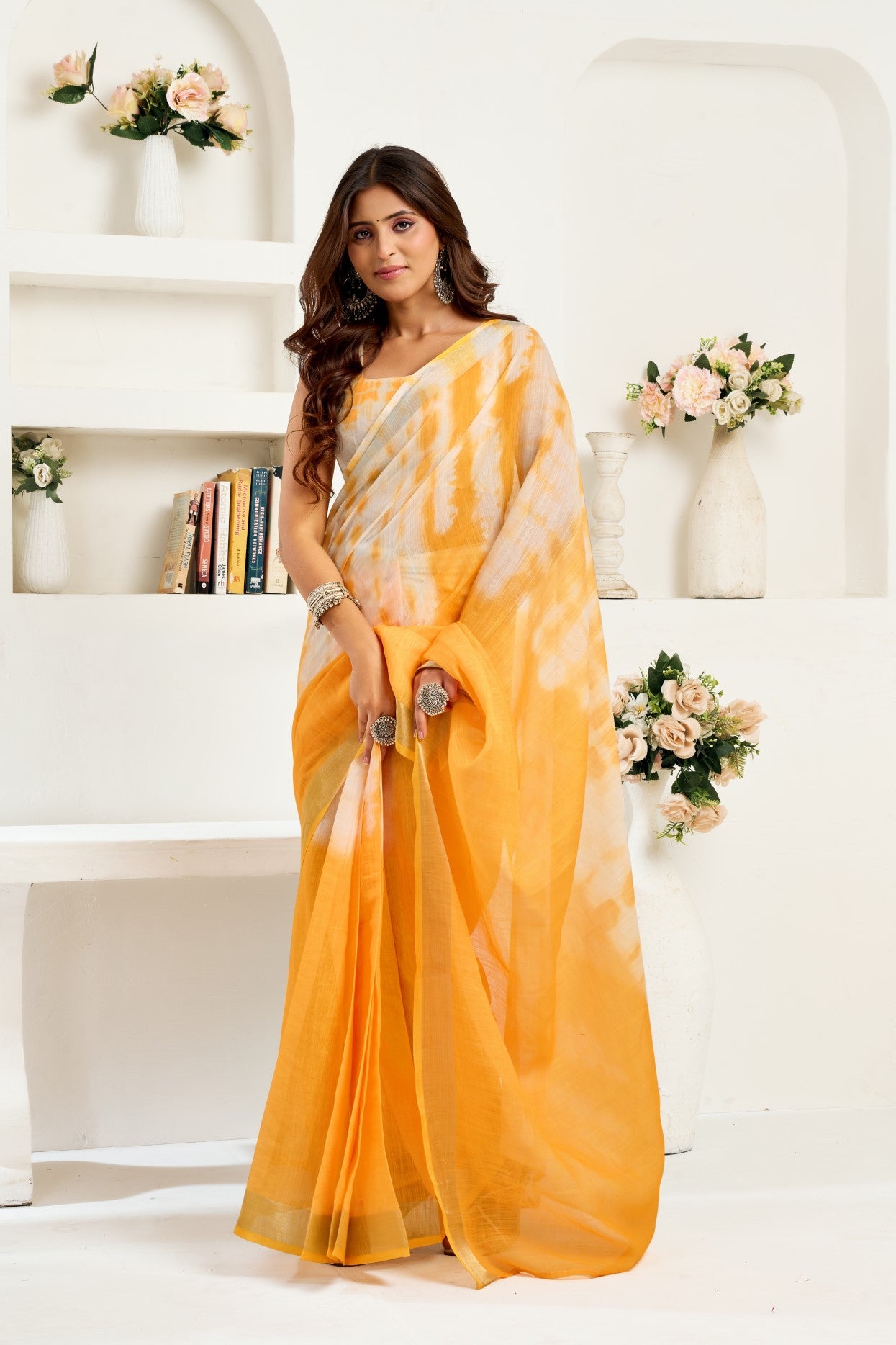Yellow Linen Ready To Wear Saree With Zari Border Printed