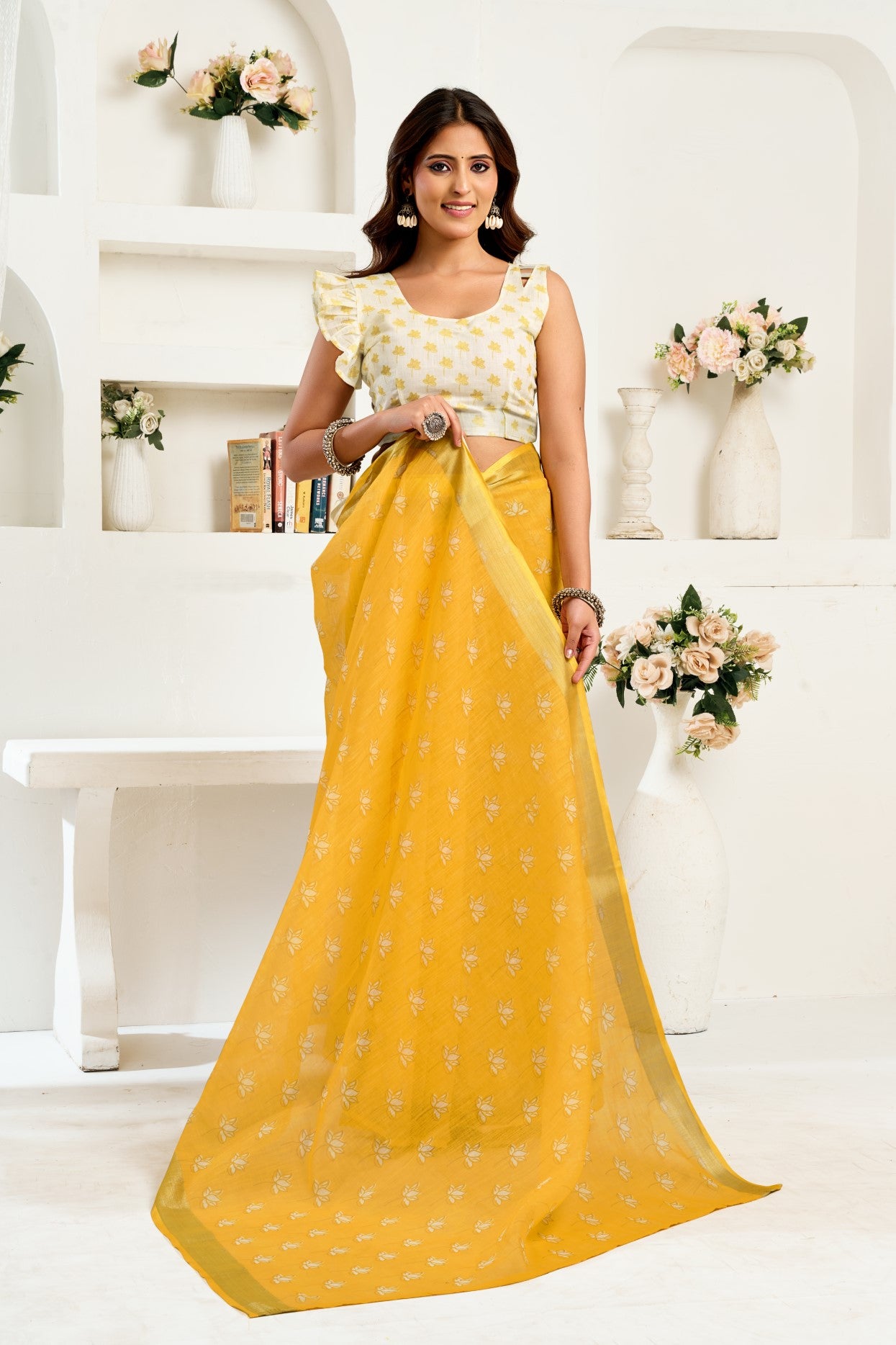 Yellow Linen Ready To Wear Saree With Zari Border Printed