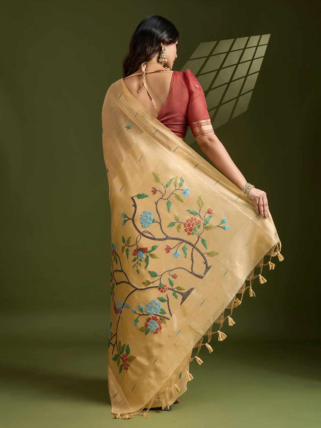 Yellow Muga Cotton Saree with Flower Butti and Paithani Pallu