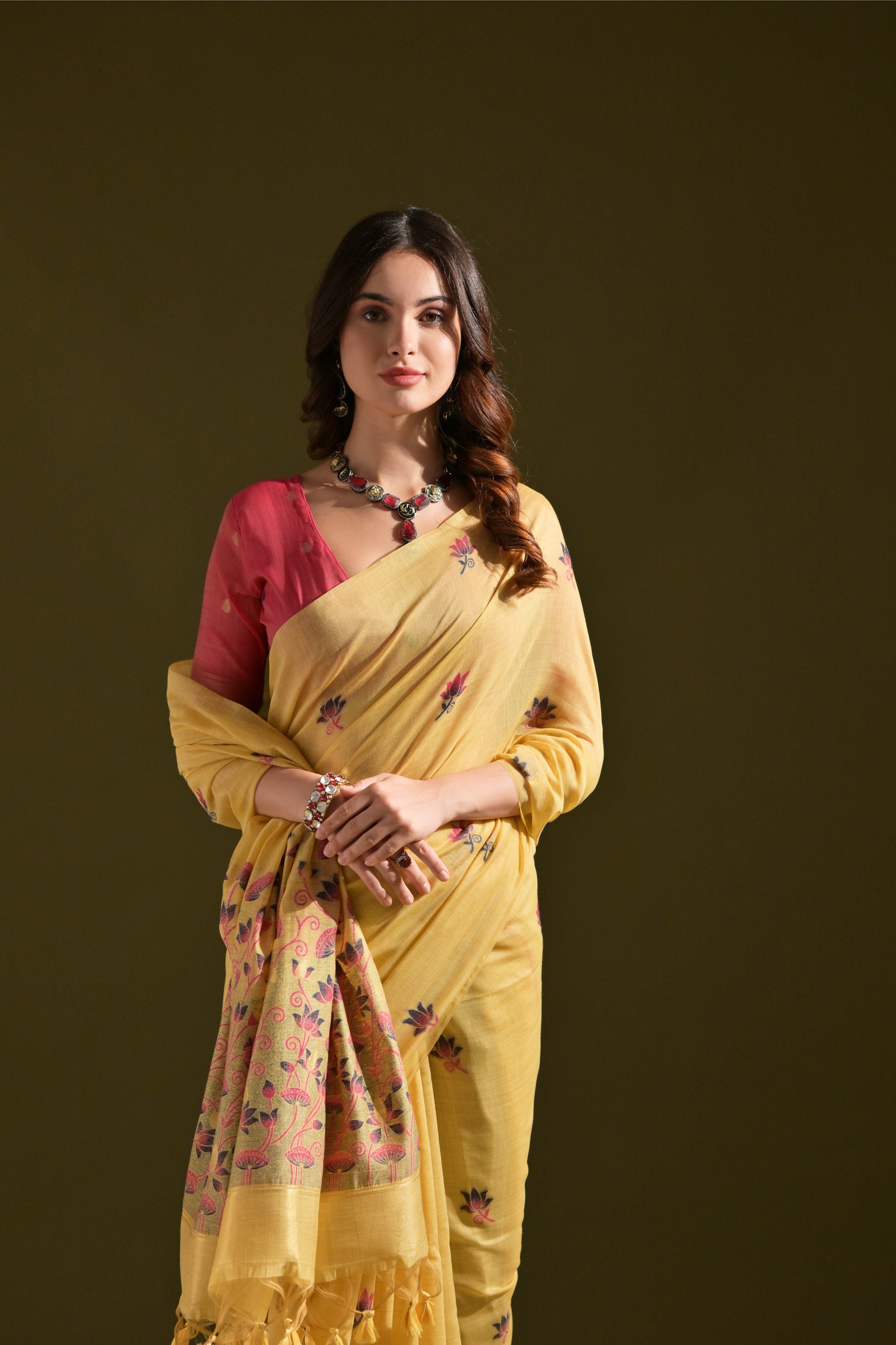 Yellow Muga Cotton Saree with Lotus Thread Design
