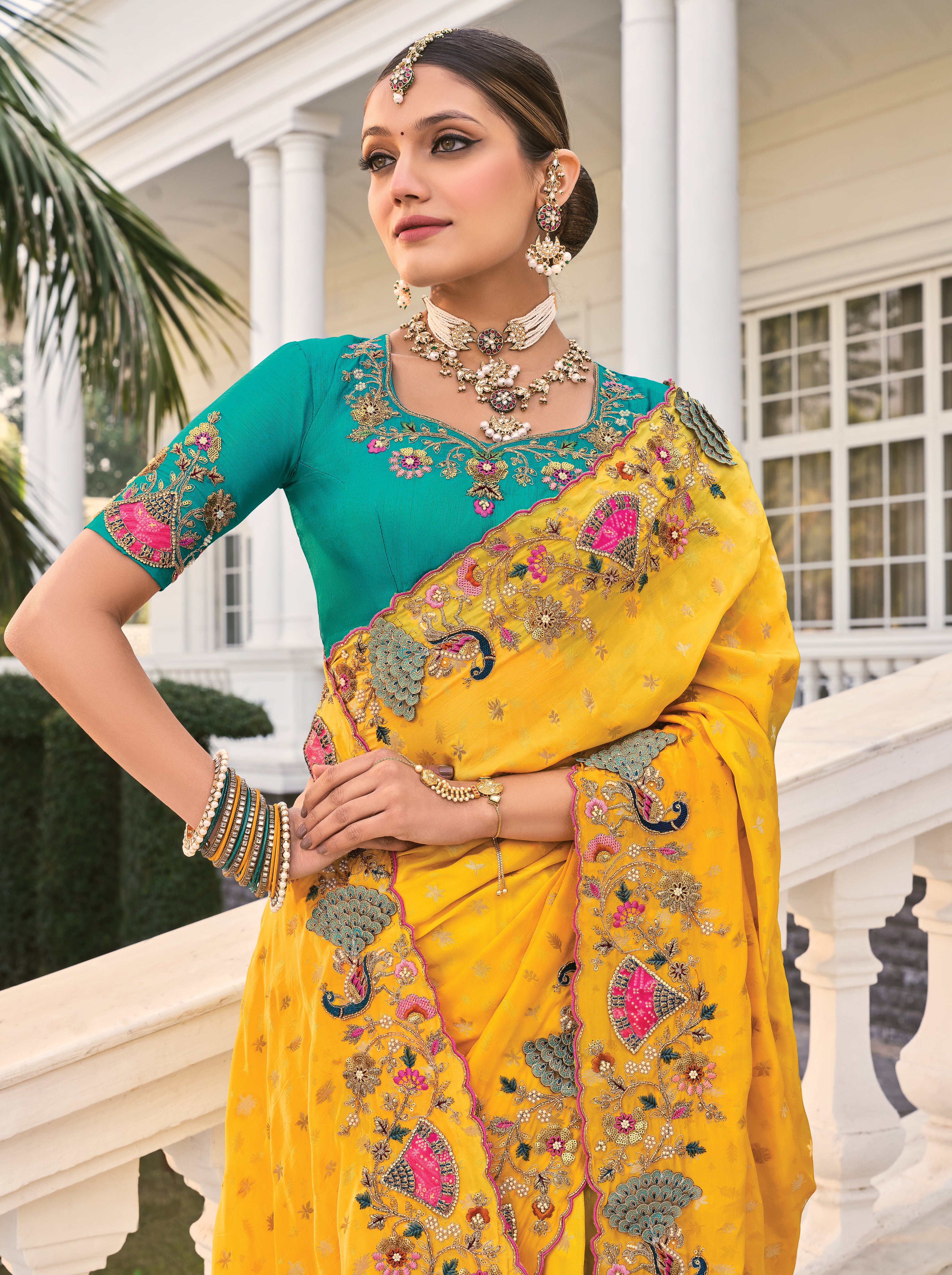 Yellow Natural Crepe Saree With Embroidery Work