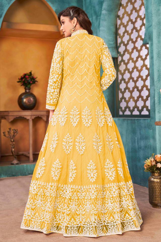 Yellow Net Heavy Thread Embroidery With Sequins Work Anarkali Suits