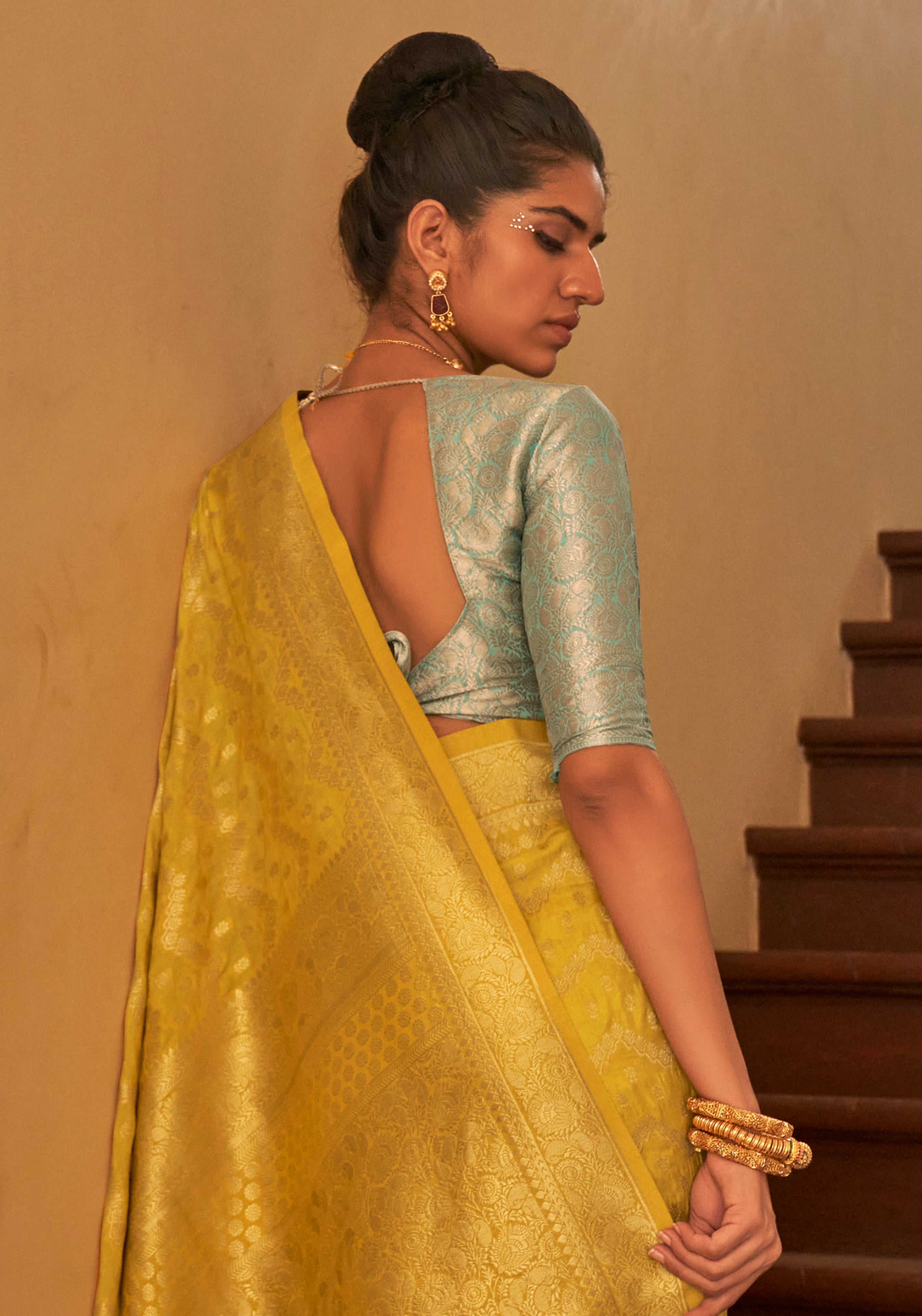 Yellow Nylon Saree With Jacquard Woven Work