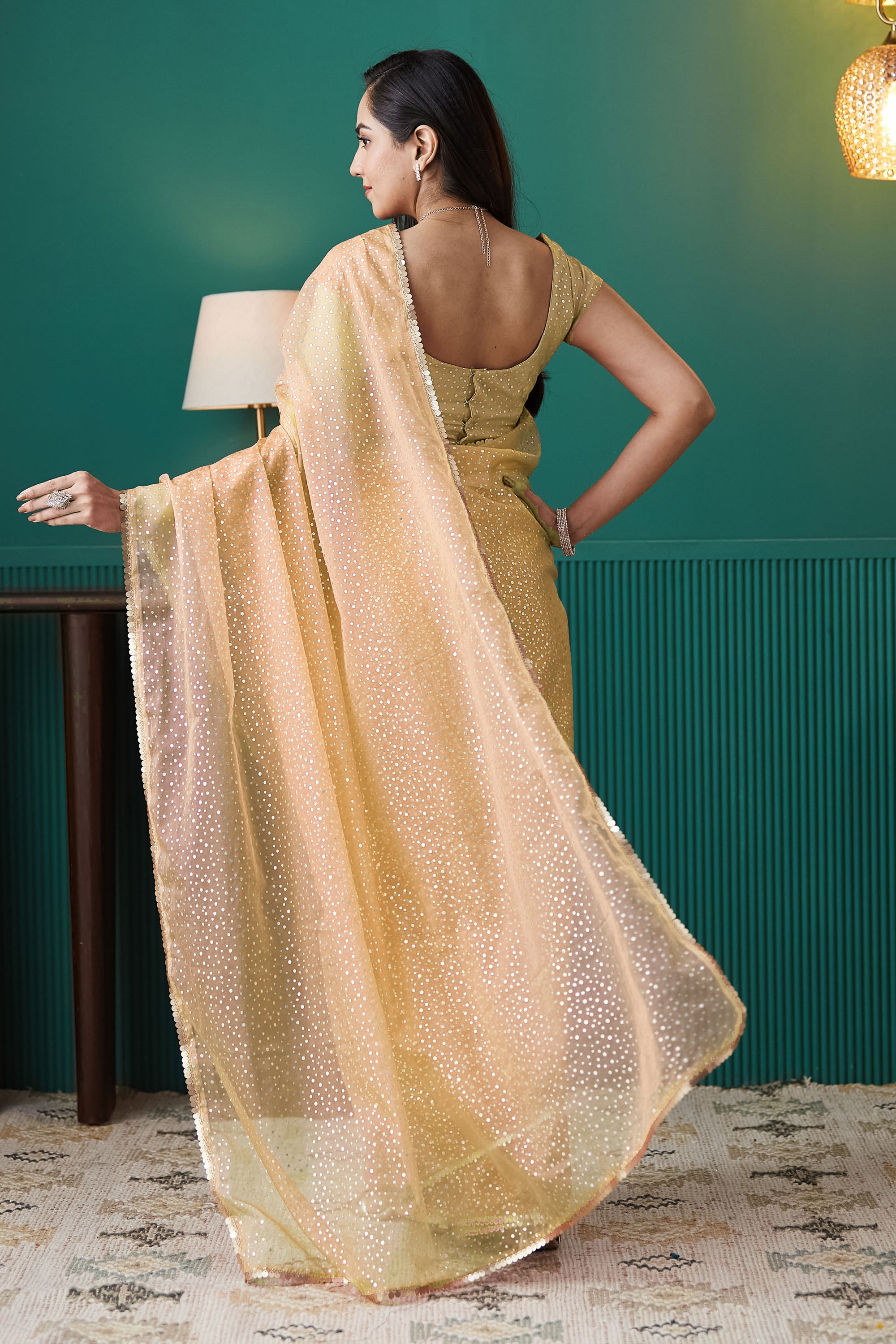 Yellow Organza Designer Foil Printed Partywear Saree