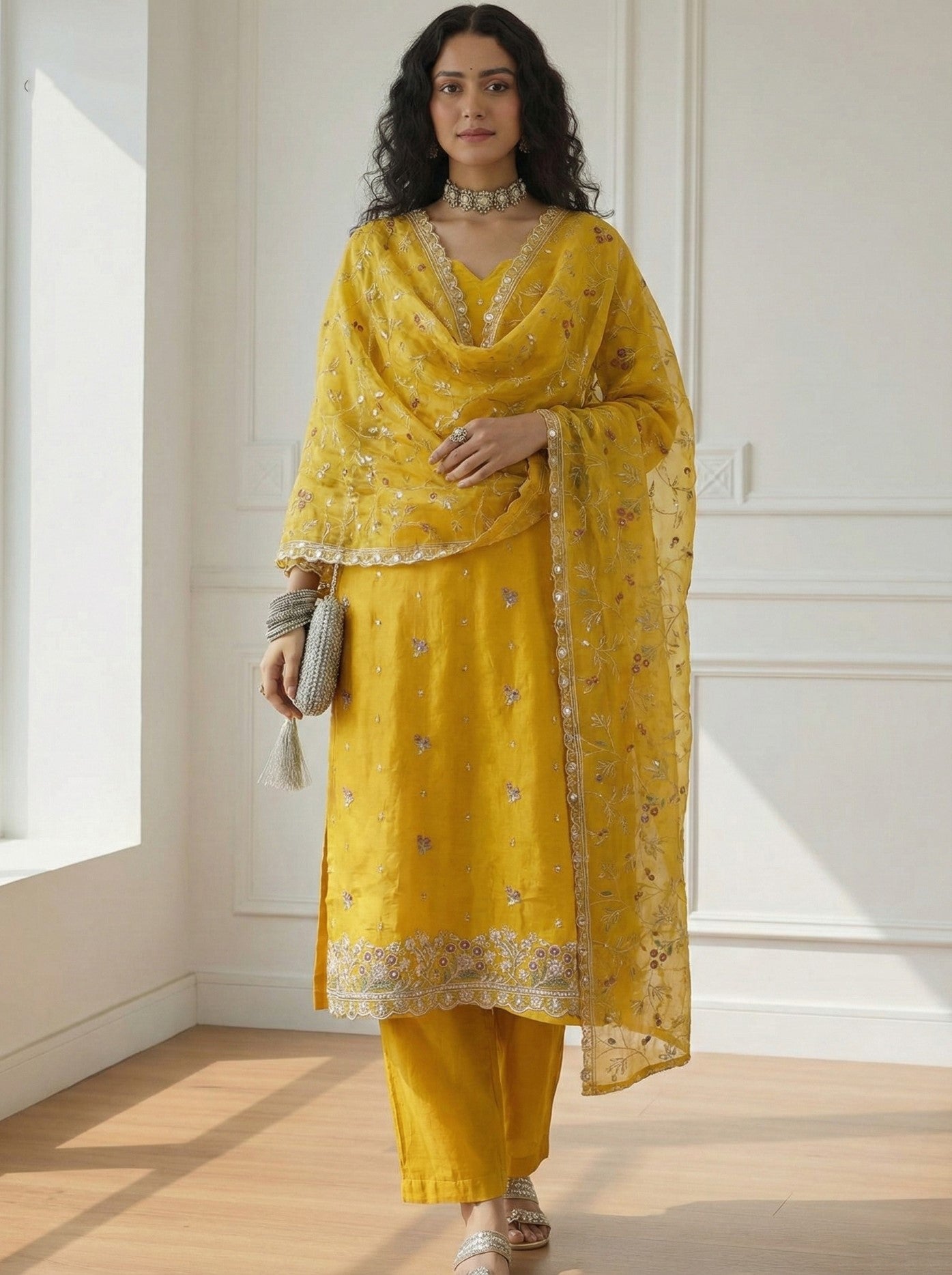 Yellow Organza Salwar Suit With Thread Embroidery
