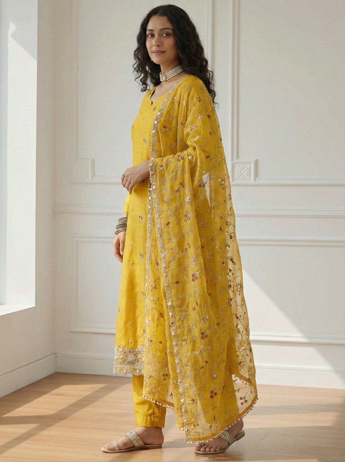 Yellow Organza Salwar Suit With Thread Embroidery