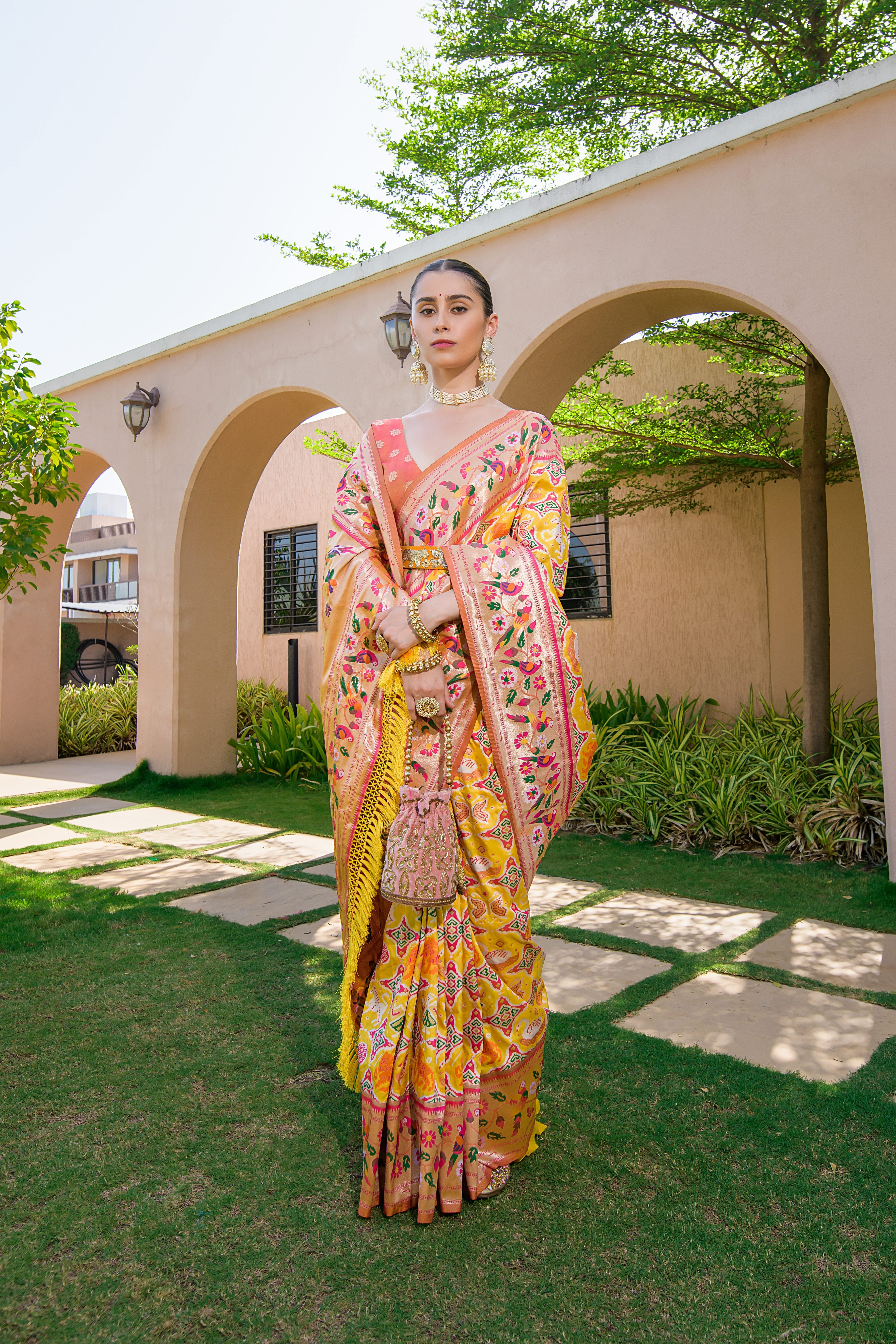 Yellow Paithani Silk Saree with Meenakari Zari and Pallu