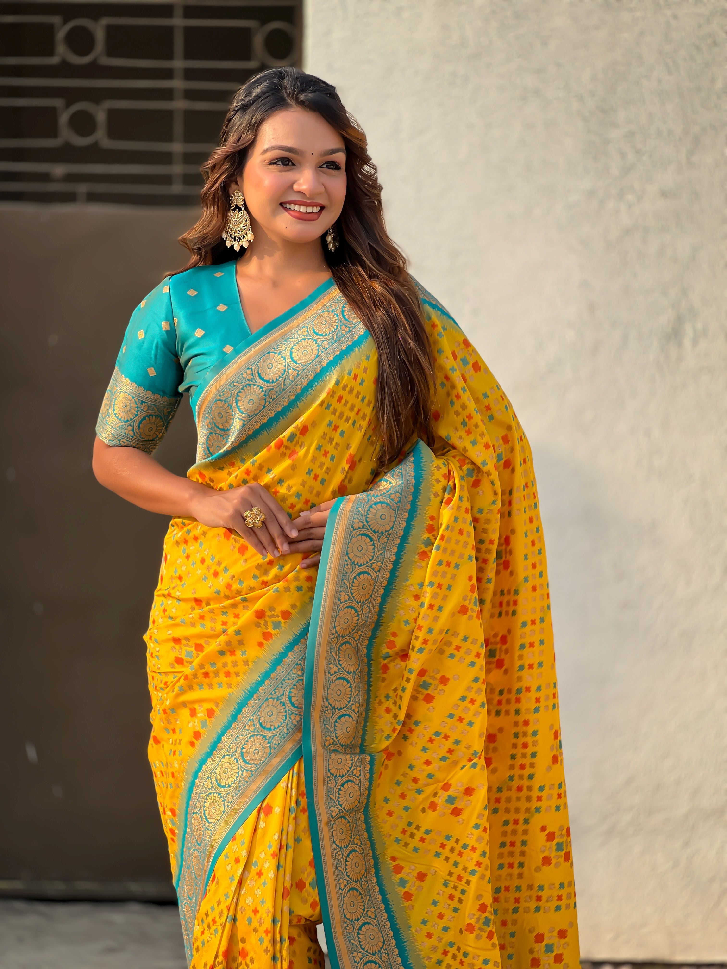 Yellow Patola Silk Weaving Ikkat Meenakari Designer Graceful Ceremonial Saree