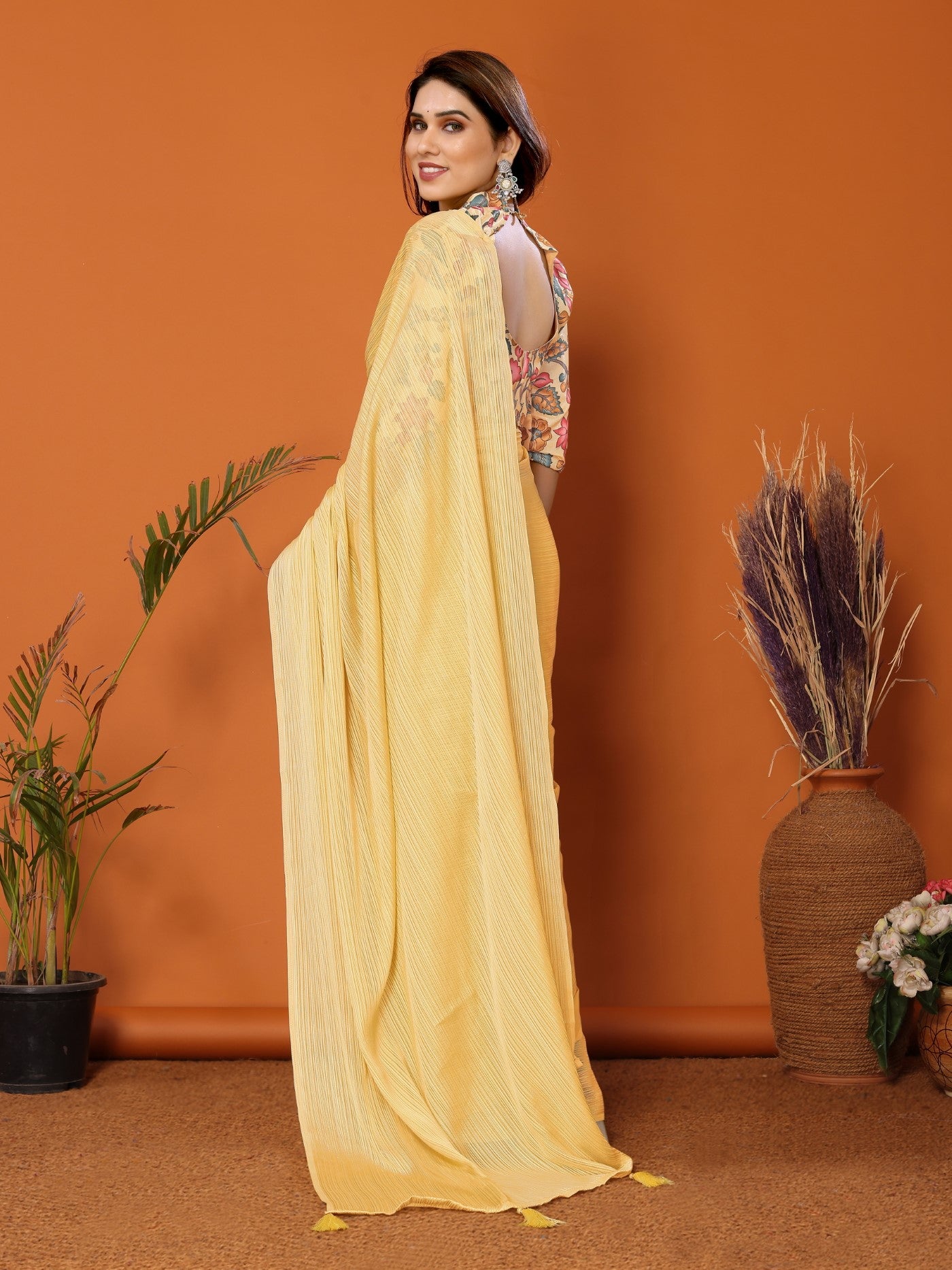 Yellow Polyester Zari Saree With Plain Saree With Kalamkari Print Blouse